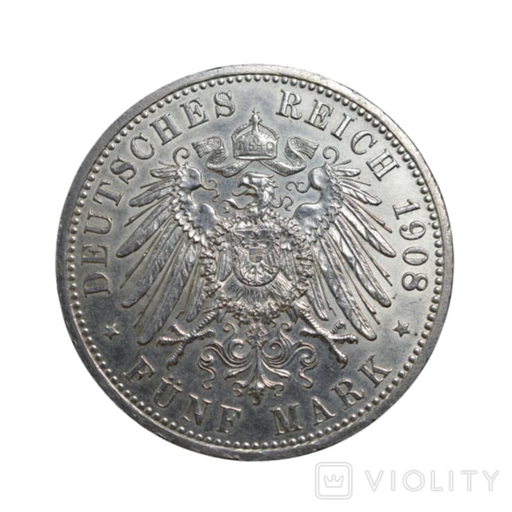 5 марок, Вільгельм II, Німецька імперія, 1908 рік — фото 2