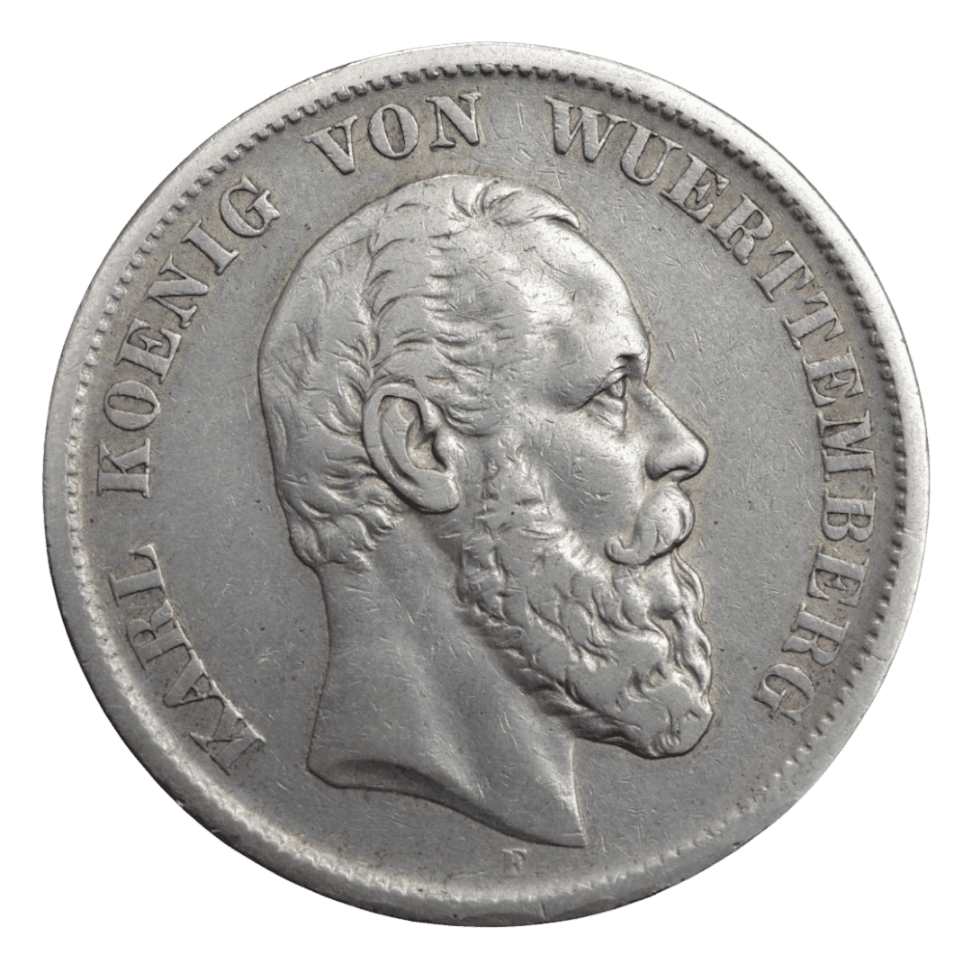 Срібна 5 марок, Німеччина (F, Штутгарт), 1876. Вюртемберг, Карл.