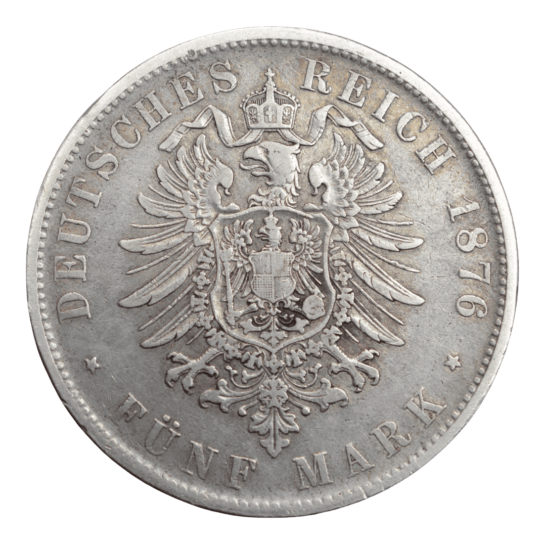 Срібна 5 марок, Німеччина (F, Штутгарт), 1876. Вюртемберг, Карл. — фото 2