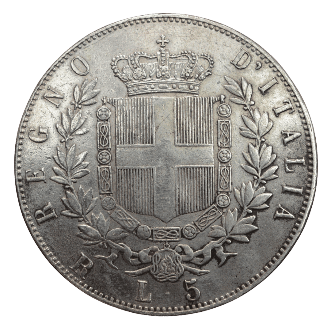 5 лир 1876 года Виктор Эммануил II.* МД- R = Рим
✅ Це італійська срібна монета 5 Лір 1876 року.
Основні характеристики:

Країна: Королівство Італія (Regno d’Italia)
Номінал: 5 Lire
Рік: 1876
Правитель: Віктор Емануїл II (Vittorio Emanuele II) — перший король об’єднаної Італії
Матеріал: Срібло 900-ї проби (90% Ag)
Вага: 25,00 г
Діаметр: 37 мм
Монетний двір: Рим (R) — найпоширеніший варіант цього року
Тираж: близько 6 390 000 шт. — фото 2
