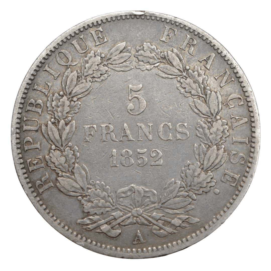 5 франков Наполеон III (LOUIS-NAPOLEON BONAPARTE) МД-A- Параиж
Основні характеристики:

Країна: Французька Республіка (Друга Республіка)
Номінал: 5 Francs
Рік: 1852
Правитель / Особа: Луї-Наполеон Бонапарт (Louis-Napoléon Bonaparte) — племінник Наполеона I, на той момент Президент Франції (пізніше став імператором Наполеоном III)
Матеріал: Срібло 900-ї проби
Вага: 25,00 г
Діаметр: 37 мм
Монетний двір: Париж (літера A внизу)
Дизайнер: Жан-Жак Барре (BARRE) — фото 2
