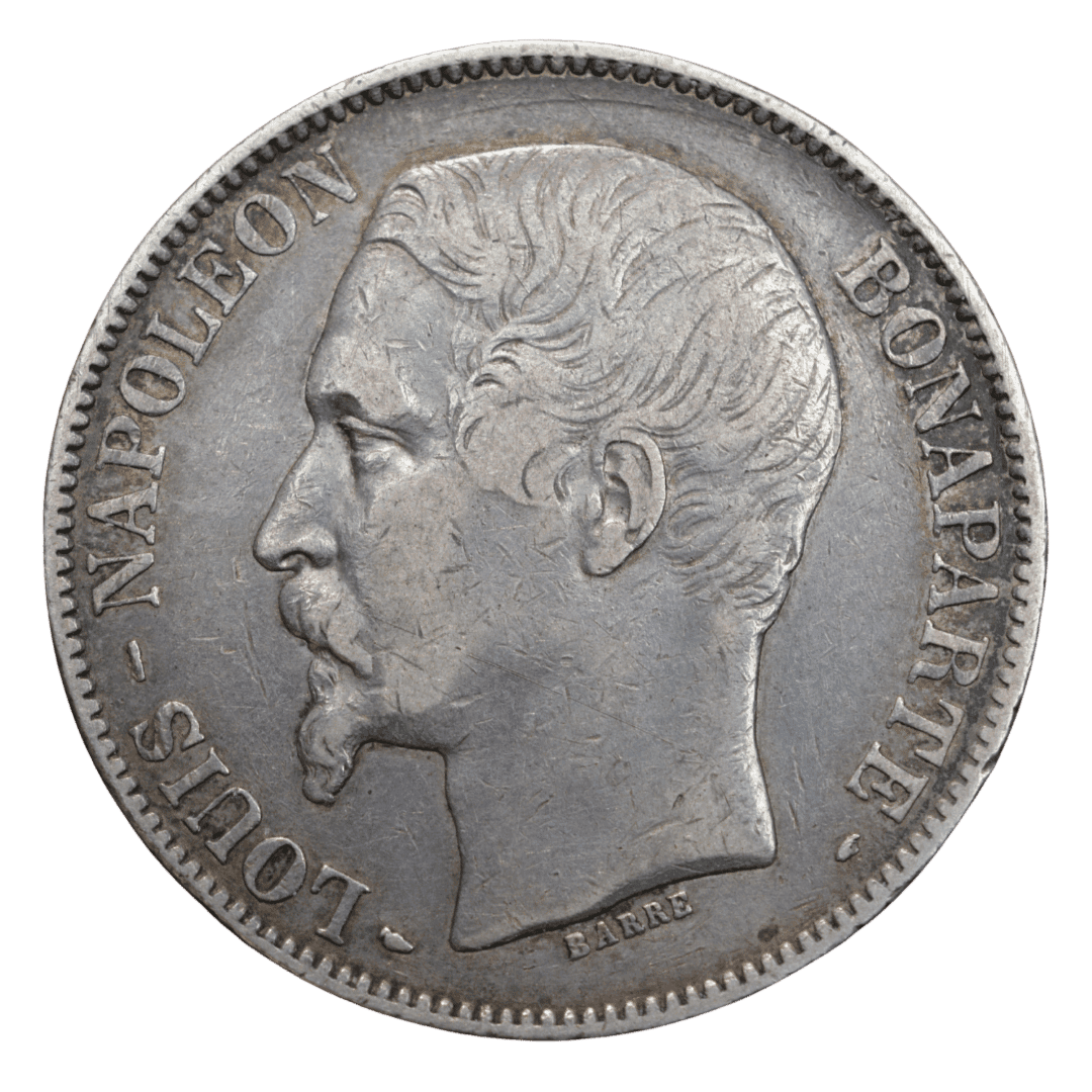 5 франков Наполеон III (LOUIS-NAPOLEON BONAPARTE) МД-A- Параиж
Основні характеристики:

Країна: Французька Республіка (Друга Республіка)
Номінал: 5 Francs
Рік: 1852
Правитель / Особа: Луї-Наполеон Бонапарт (Louis-Napoléon Bonaparte) — племінник Наполеона I, на той момент Президент Франції (пізніше став імператором Наполеоном III)
Матеріал: Срібло 900-ї проби
Вага: 25,00 г
Діаметр: 37 мм
Монетний двір: Париж (літера A внизу)
Дизайнер: Жан-Жак Барре (BARRE)