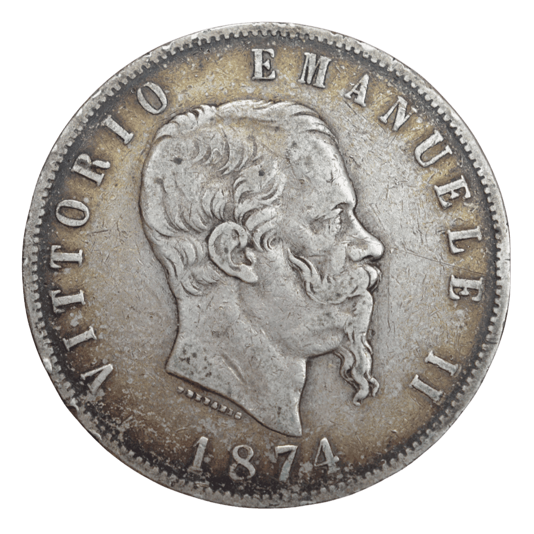 5 лир
Италия
Милан (M BN)
серебро 0.900 (VF по фото)
25 г + 22,5 г чистого серебра (ASW 0.7234 oz)
12 000 000
Стандартная циркуляционная монета Королевства Италия при Витторио Эмануэле II (один из самых массовых выпусков 1874 года)
Украина (Violity): 800–1500 грн, Европа/eBay: 25–60 USD (VF)