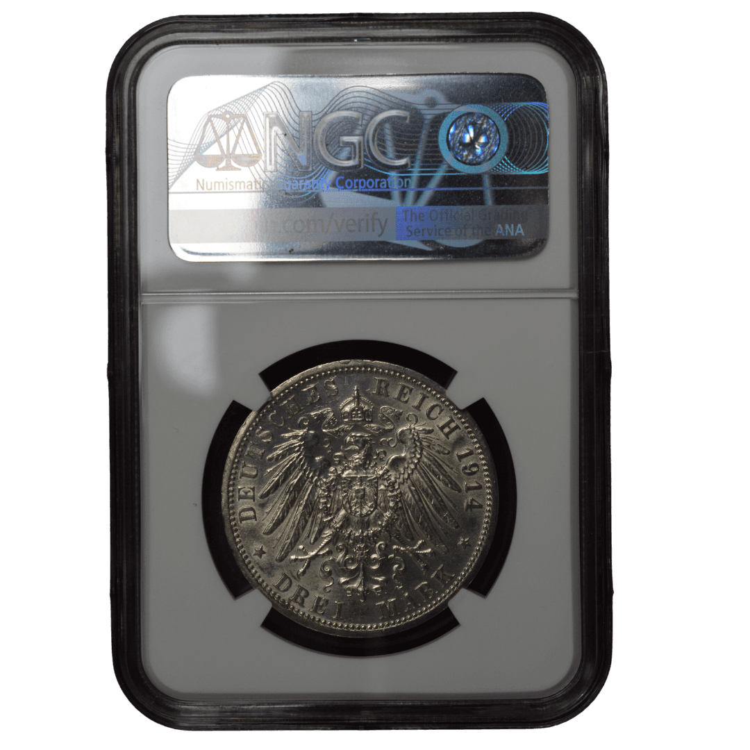 3 Mark 1914 A Серебро (.900) 16,67 г; Берлинский монетный двор; Тираж 10000 шт.; Сертификат NGC UNC. Очищено.