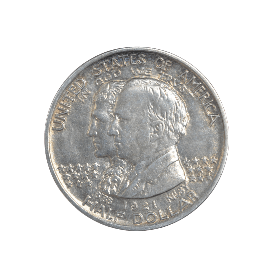 1/2 Dollar 1921 Серебро 12,47 г; Столетие штата Алабама 1819-1919 гг.; Монетный двор Филадельфии; Тираж 59038 шт.; Состояние AUNC, хорошая патина.