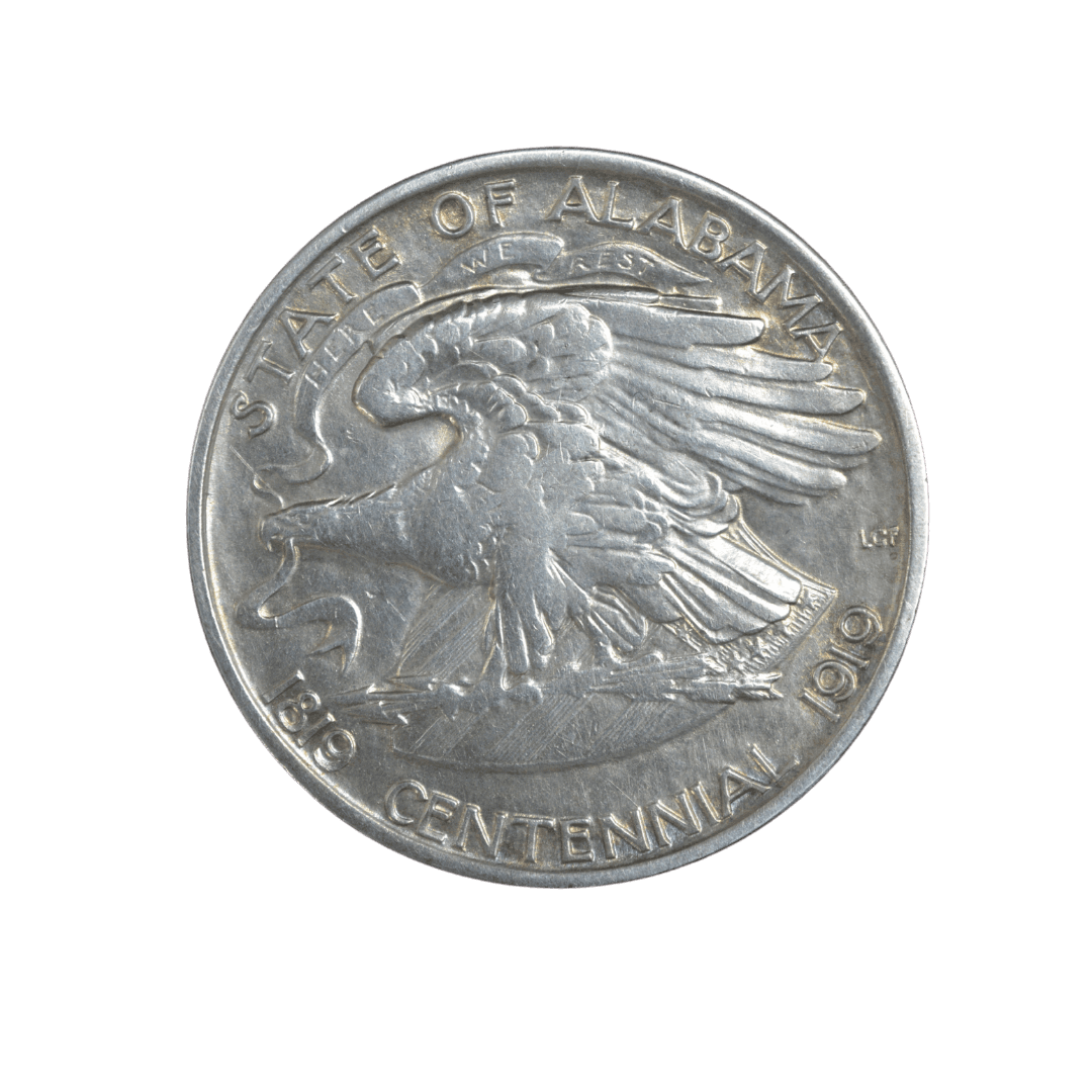 1/2 Dollar 1921 Серебро 12,47 г; Столетие штата Алабама 1819-1919 гг.; Монетный двор Филадельфии; Тираж 59038 шт.; Состояние AUNC, хорошая патина. — фото 2