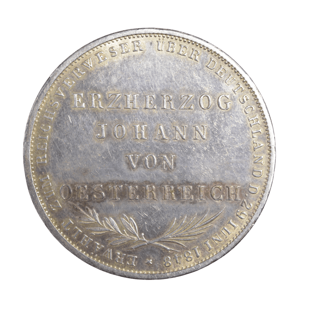 KM# 338, Thun# 135, Dav SG# 644, N# 23436; Silver (.900) 21.21 g.; Archduke Johann of Austria Elected as Vicar; Mintage 36000 pcs.; AUNC with mint luster and nice violet toning. Hairlines