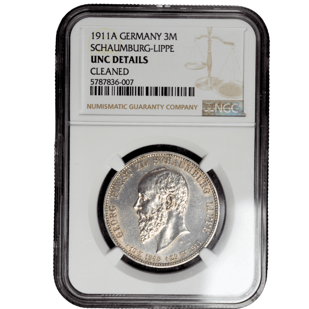 3 Mark 1911 A Серебро (.900) 16,67 г; Георг; Берлинский монетный двор; Тираж 50000 шт.; NGC UNC Det. Очищено