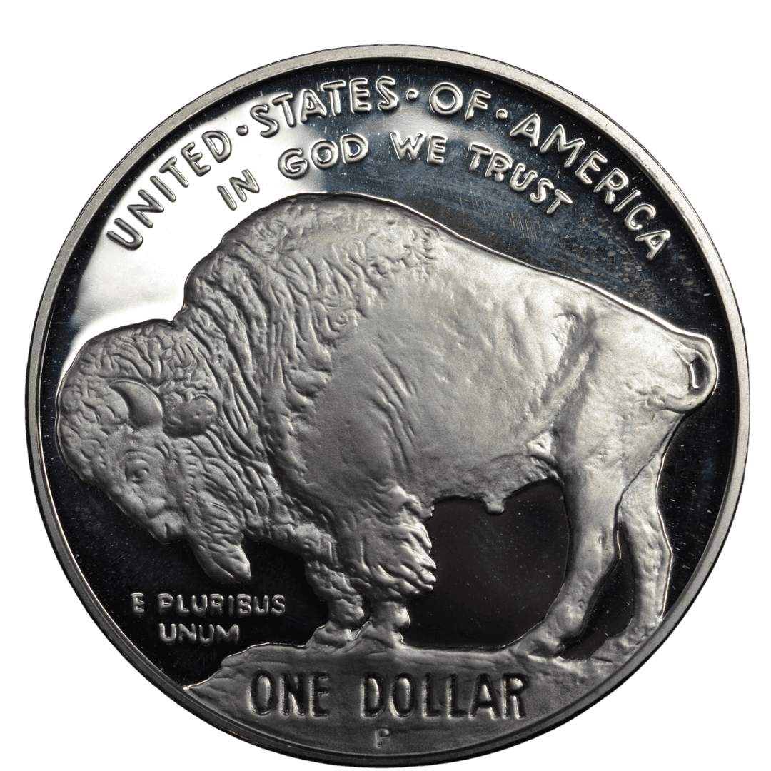 1 доллар (American Buffalo Silver Dollar)
США
Филадельфия (P)
серебро 0.900 (Proof по фото)
26.73 г + 24.057 г чистого серебра (ASW 0.7734 oz)
272 869
Коммеморативная монета к открытию Национального музея американских индейцев; дизайн обверса и реверса повторяет знаменитый никель «Баффало» Джеймса Эрла Фрейзера 1913–1938 гг.
Украина (Violity): 6000–12000 грн, Европа/eBay: 150–300 USD (Proof, в OGP) — фото 2