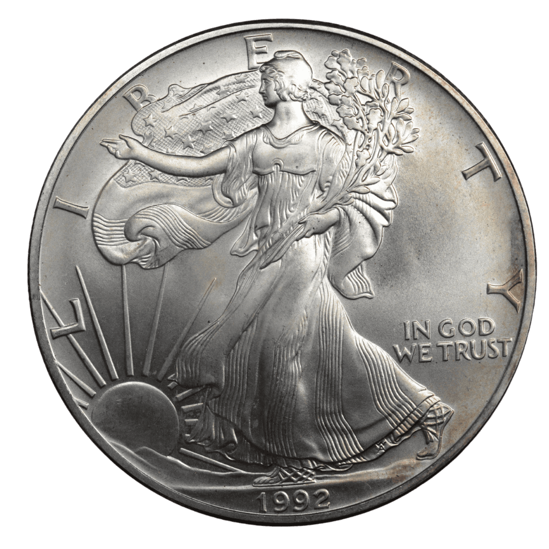 1 доллар (American Silver Eagle)
США
Филадельфия (без марки)
серебро 0.999 (BU по фото)
31.1035 г + 31.1035 г чистого серебра (ASW 1 oz)
5 540 068
Стандартная инвестиционная буллионная монета США с дизайном Walking Liberty (реверс) и гербовым орлом (аверс)
1992 год, обычная распространённость для серии (типичный тираж 1990-х, не ключевой редкий год) — фото 2