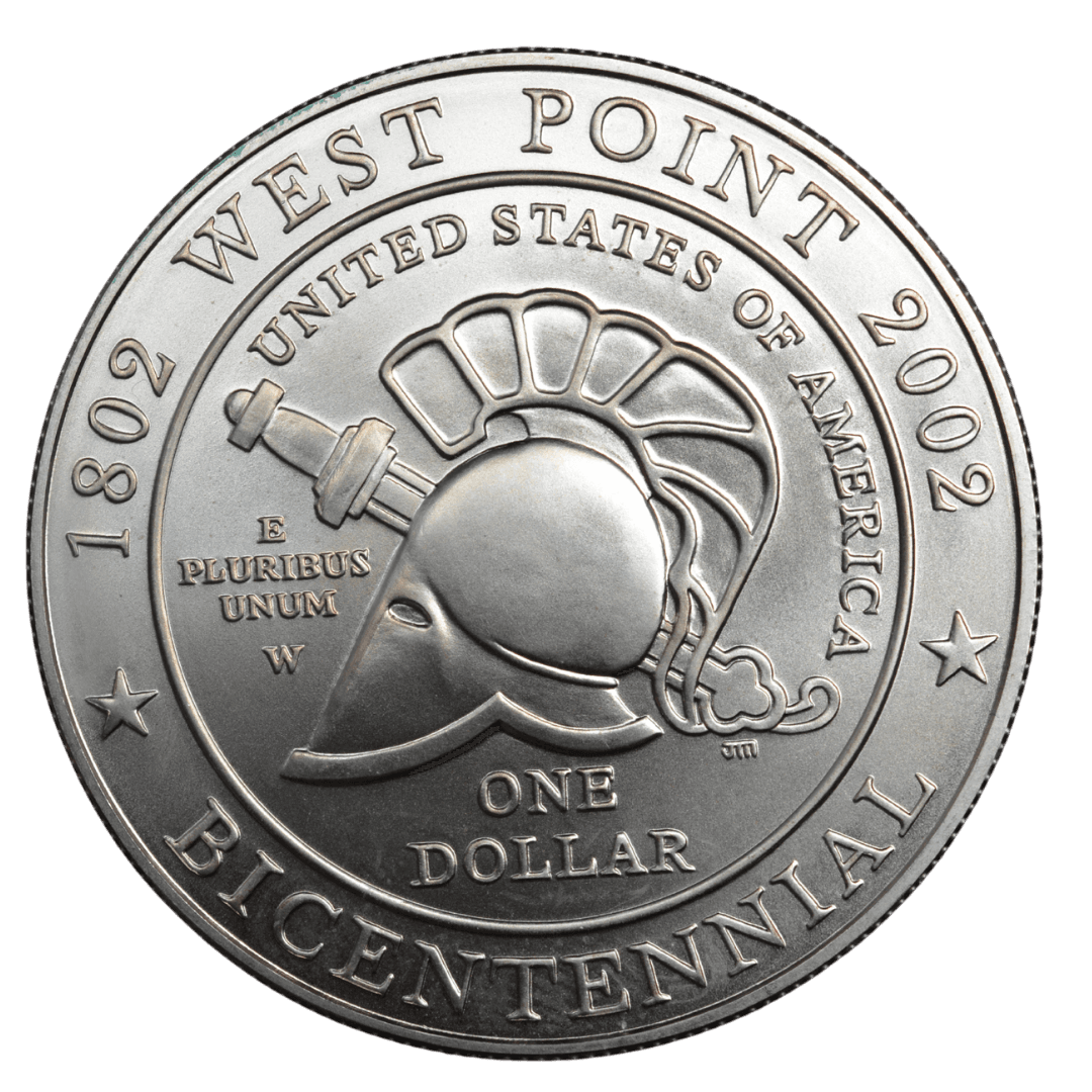 1 доллар (West Point Bicentennial Silver Dollar)
США
West Point (W)
серебро 0.900 (BU/MS по фото)
26.73 г + 24.057 г чистого серебра (ASW 0.7734 oz)
103 201
Памятная монета к 200-летию основания Военной академии США в Вест-Пойнте (1802–2002); аверс — шлем кадета, реверс — кадеты с флагами
2002 год, относительно редкая для современных коммеморативов США (малый тираж 103 201 шт., Numista rarity index 31)