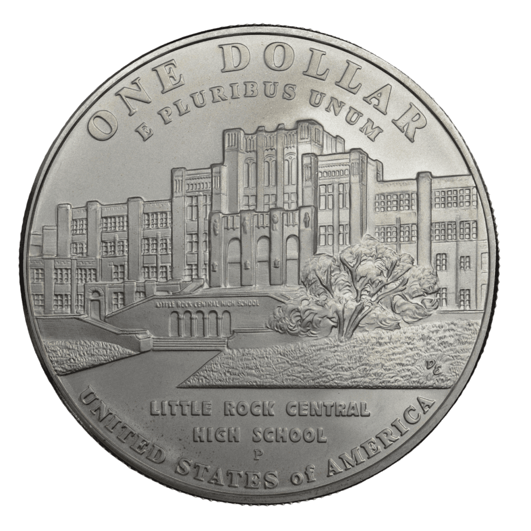 1 доллар (Commemorative Silver Dollar)
США
Филадельфия (P)
серебро 0.900 (MS/BU по фото)
26.73 г + 24.057 г чистого серебра (ASW 0.7734 oz)
124 678
Памятная монета к 50-летию десегрегации Центральной средней школы Литл-Рока (Little Rock Nine, 1957–2007)
2007 год, относительно редкая для современных коммеморативов США (малый тираж, rarity index ~32 по Red Book/Numista)