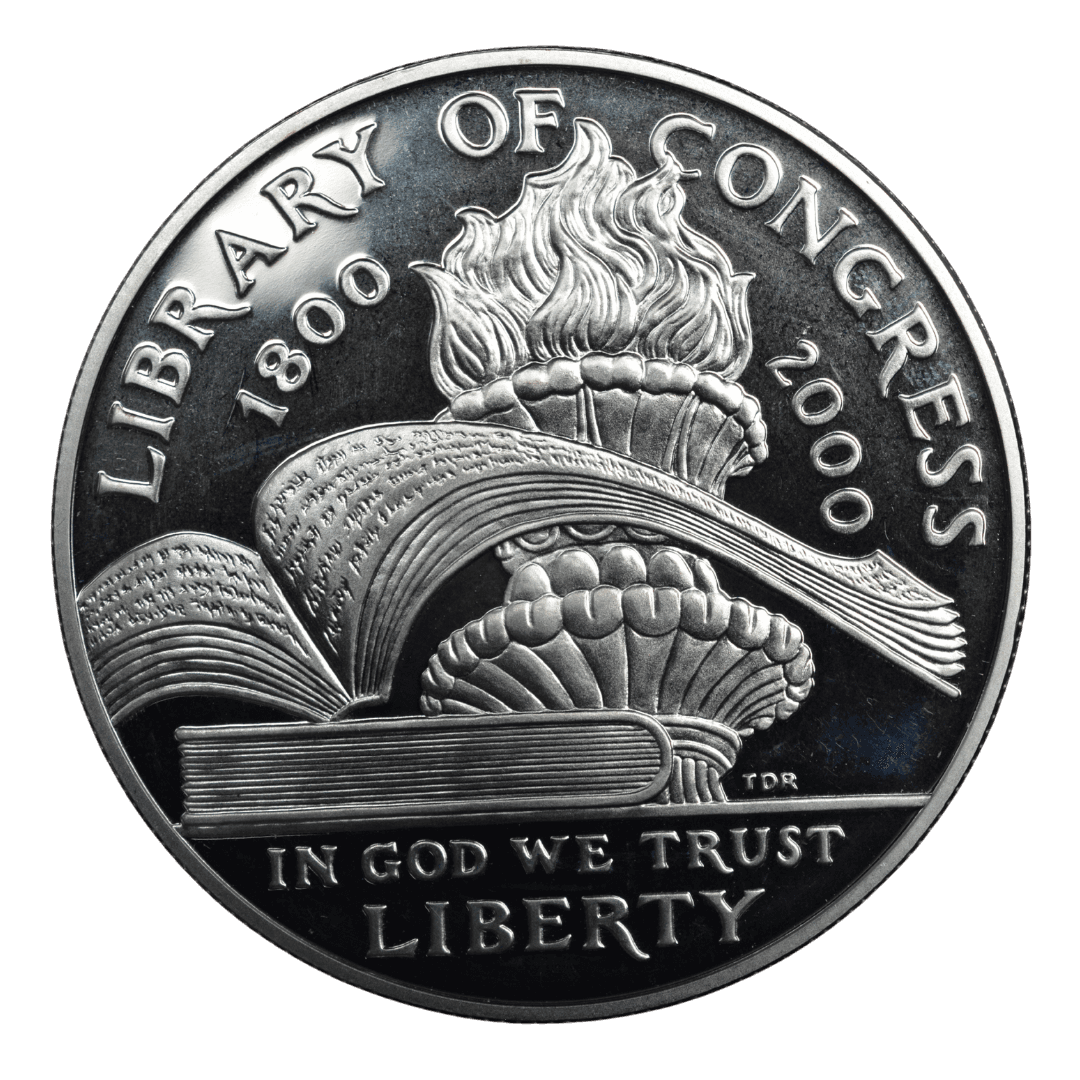 1 доллар (Commemorative Silver Dollar)
США
Филадельфия (P)
серебро 0.900 (MS/BU по фото)
26.73 г + 24.057 г чистого серебра (ASW 0.7734 oz)
173 000
Памятная монета к 200-летию Библиотеки Конгресса США (1800–2000) — первая в истории США, посвящённая именно этой библиотеке
2000 год, средняя редкость для современных коммеморативов США (тираж 173 000 шт., rarity index ~32 по Red Book/Numista) — фото 2