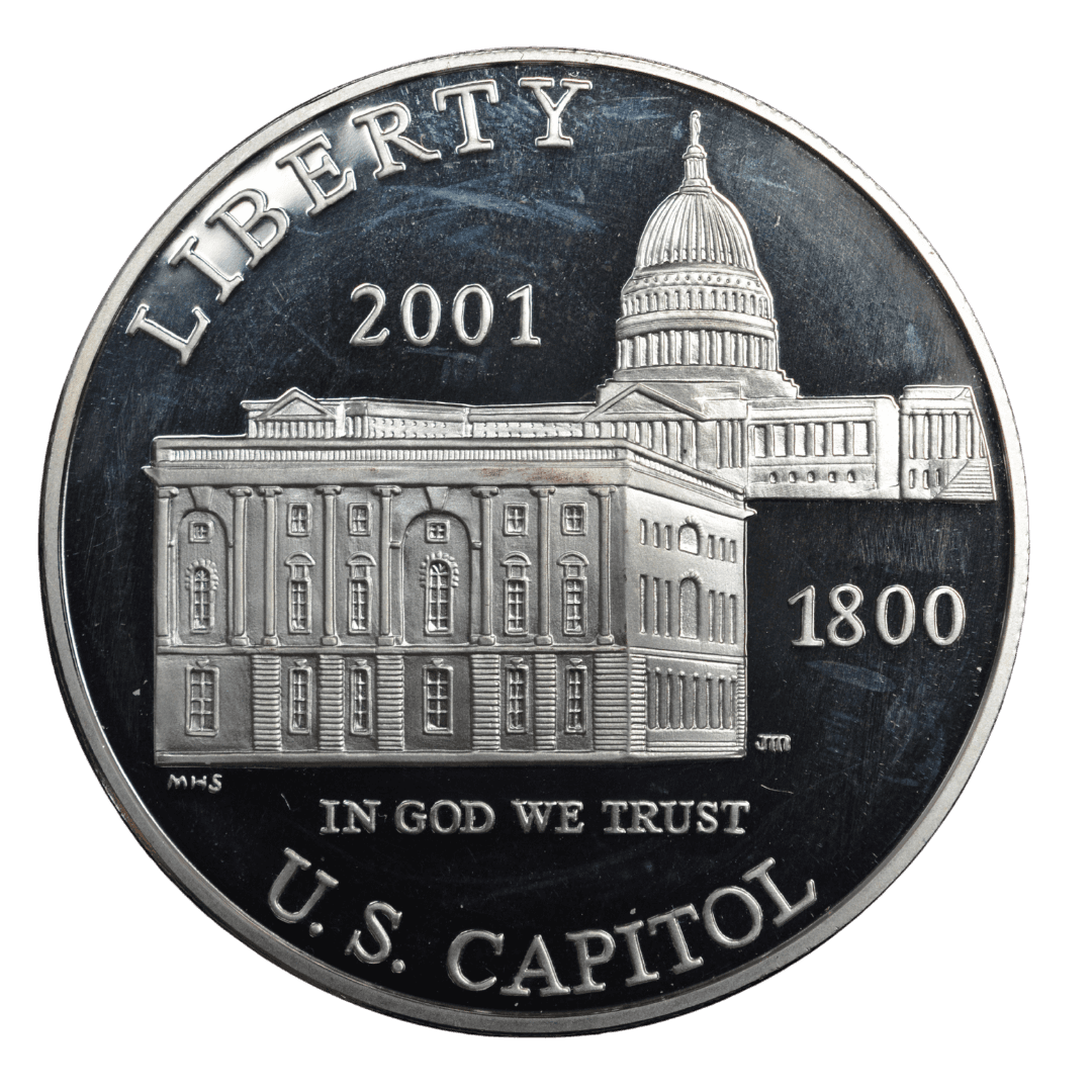1 доллар (Commemorative🔥 Silver Dollar)
СШ
Филадельфия (P)
серебро 0.900 (MS/BU по фото)
26.73 г + 24.057 г чистого серебра (ASW 0.7734 oz)
MINT=35 380🔥🔥🔥
Памятная монета к 200-летию первого заседания Конгресса в Капитолии (1800–2000) и открытию Центра для посетителей
2001 год, относительно редкая для современных коммеморативов США (один из самых низкотиражных выпусков, rarity index высокий по Red Book/Numista)