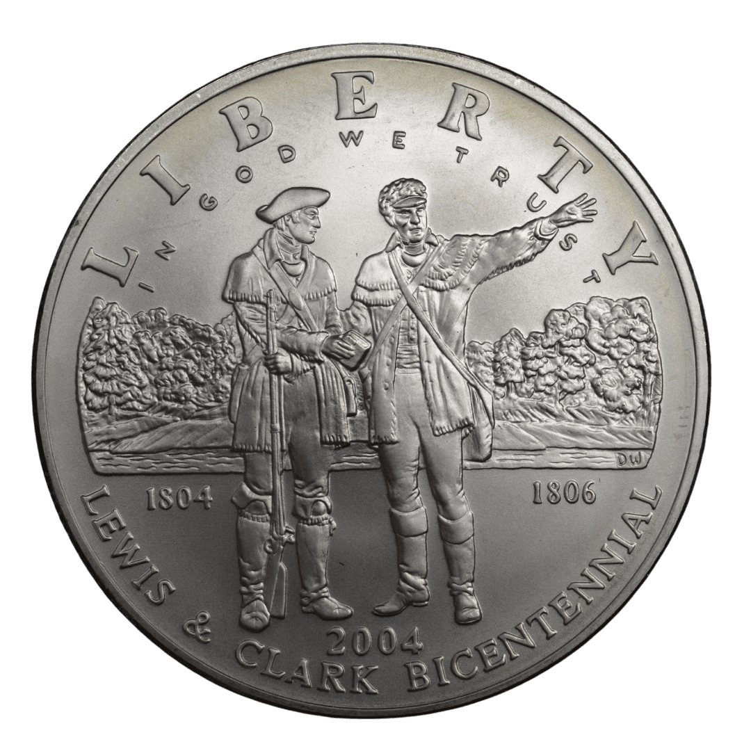 1 доллар (Commemorative Silver Dollar)
США
Филадельфия (P)
серебро 0.900 (MS/BU по фото)
26.73 г + 24.057 г чистого серебра (ASW 0.7734 oz)
357 000
Памятная монета к 200-летию экспедиции Льюиса и Кларка (1804–1806) — символ мира и дружбы с индейскими племенами
2004 год, средняя редкость для современных коммеморативов США (тираж 357 000 шт., rarity index ~32 по Red Book/Numista)