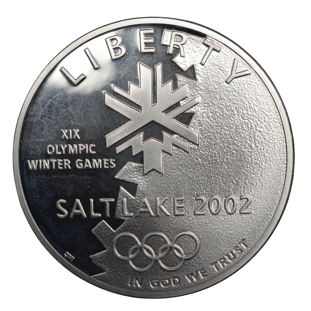 1 доллар (Commemorative Silver Dollar)
США
Филадельфия (P)
серебро 0.900 (MS/BU по фото)
26.73 г + 24.057 г чистого серебра (ASW 0.7734 oz)
142 297
Памятная монета к XIX зимним Олимпийским играм в Солт-Лейк-Сити (2002) — одна из двух монет (серебряный доллар + пятидолларовая золотая)
2002 год, относительно редкая для современных коммеморативов США (малый тираж, rarity index ~33 по Red Book/Numista) — фото 2
