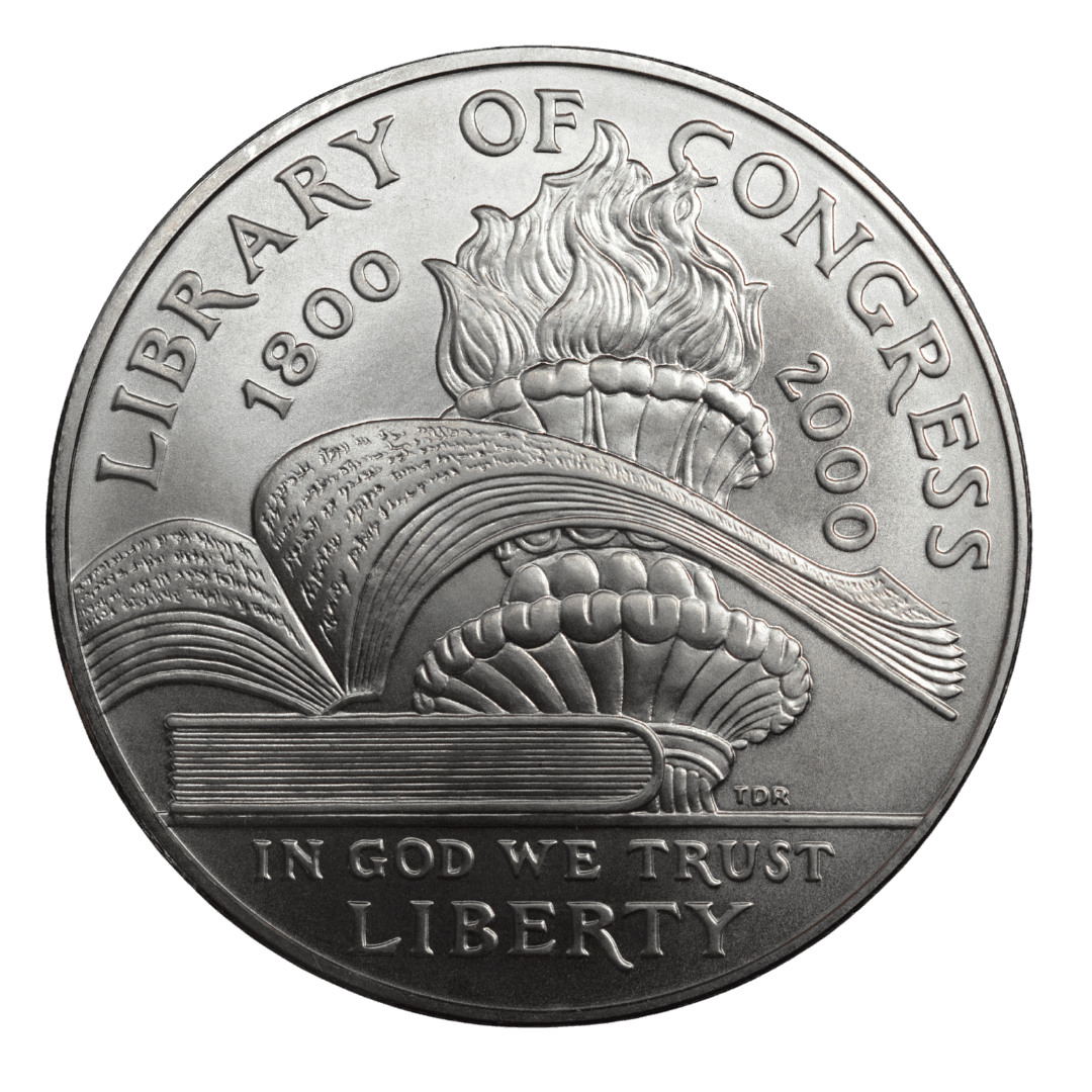 1 доллар (Commemorative Silver Dollar)
США
Филадельфия (P)
серебро 0.900 (MS/BU по фото)
26.73 г + 24.057 г чистого серебра (ASW 0.7734 oz)
173 000
Памятная монета к 200-летию Библиотеки Конгресса США (1800–2000) — первая в истории США, посвящённая именно этой библиотеке
2000 год, средняя редкость для современных коммеморативов США (тираж 173 000 шт., rarity index ~32 по Red Book/Numista)