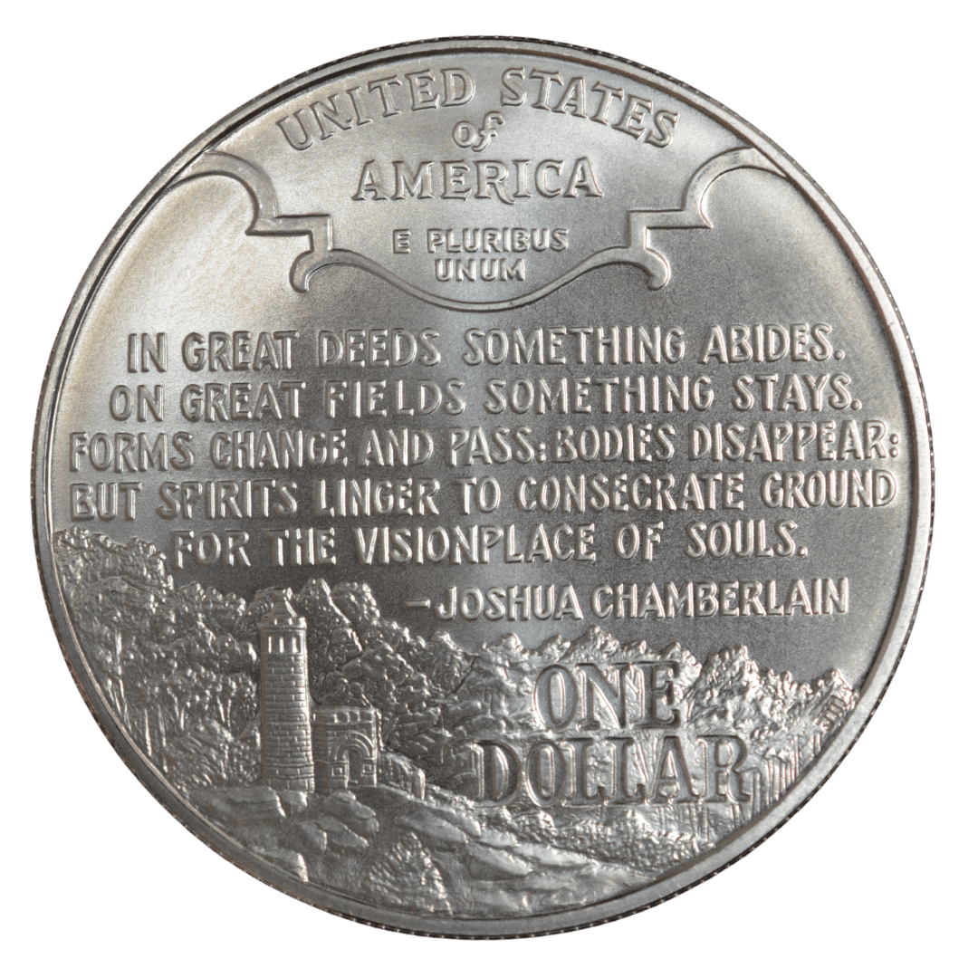 1 доллар (Commemorative Silver Dollar)
США
Филадельфия (P)
серебро 0.900 (MS/BU по фото)
26.73 г + 24.057 г чистого серебра (ASW 0.7734 oz)
123 803
Памятная монета к 130-летию окончания Гражданской войны в США и программе сохранения полей сражений; цитата на аверсе — генерала Джошуа Чемберлена (герой Геттисберга)
1995 год, относительно редкая (один из самых низкотиражных современных коммеморативов США, rarity index ~33 по Red Book/Numista)
