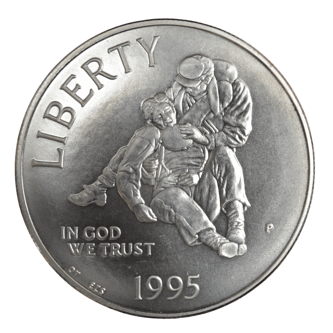 1 доллар (Commemorative Silver Dollar)
США
Филадельфия (P)
серебро 0.900 (MS/BU по фото)
26.73 г + 24.057 г чистого серебра (ASW 0.7734 oz)
123 803
Памятная монета к 130-летию окончания Гражданской войны в США и программе сохранения полей сражений; цитата на аверсе — генерала Джошуа Чемберлена (герой Геттисберга)
1995 год, относительно редкая (один из самых низкотиражных современных коммеморативов США, rarity index ~33 по Red Book/Numista) — фото 2