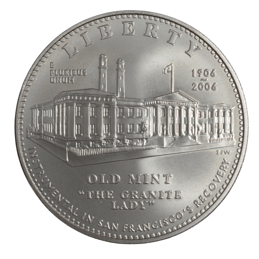 1 доллар (Commemorative Silver Dollar)
США
Сан-Франциско (S)
серебро 0.900 (MS/BU по фото)
26.73 г + 24.057 г чистого серебра (ASW 0.7734 oz)
MINT=67 100🔥
Памятная монета к 100-летию землетрясения и пожара в Сан-Франциско 1906 года; посвящена Старому монетному двору («The Granite Lady»), который единственный уцелел среди правительственных зданий
2006 год, относительно редкая для современных коммеморативов США (низкий тираж, rarity index ~34 по Red Book/Numista)