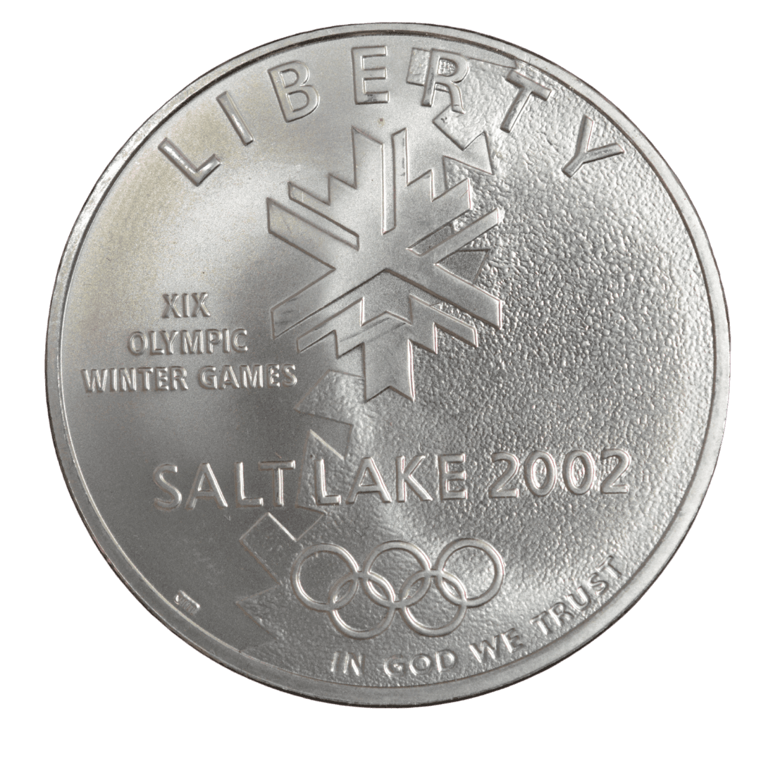 1 доллар (Commemorative Silver Dollar)
США
Филадельфия (P)
серебро 0.900 (MS/BU по фото)
26.73 г + 24.057 г чистого серебра (ASW 0.7734 oz)
142 297
Памятная монета к XIX зимним Олимпийским играм в Солт-Лейк-Сити (2002) — одна из двух монет (серебряный доллар + пятидолларовая золотая)
2002 год, относительно редкая для современных коммеморативов США (малый тираж, rarity index ~33 по Red Book/Numista)
