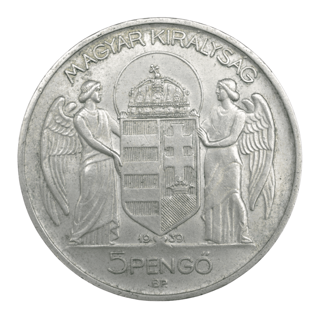 5 пенгё
Венгрия (Королевство Венгрия)
Будапешт (BP)
серебро 0.640 (VF по фото)
25 г + 16 г чистого серебра (ASW 0.514 oz)
MINT=600 000
Памятная монета к 900-летию смерти святого Стефана (первого короля Венгрии) с портретом регента Миклоша Хорти
1938 год, относительно редкая для серии (тираж 600 000 шт., rarity index ~32–33 по Krause/Numista)