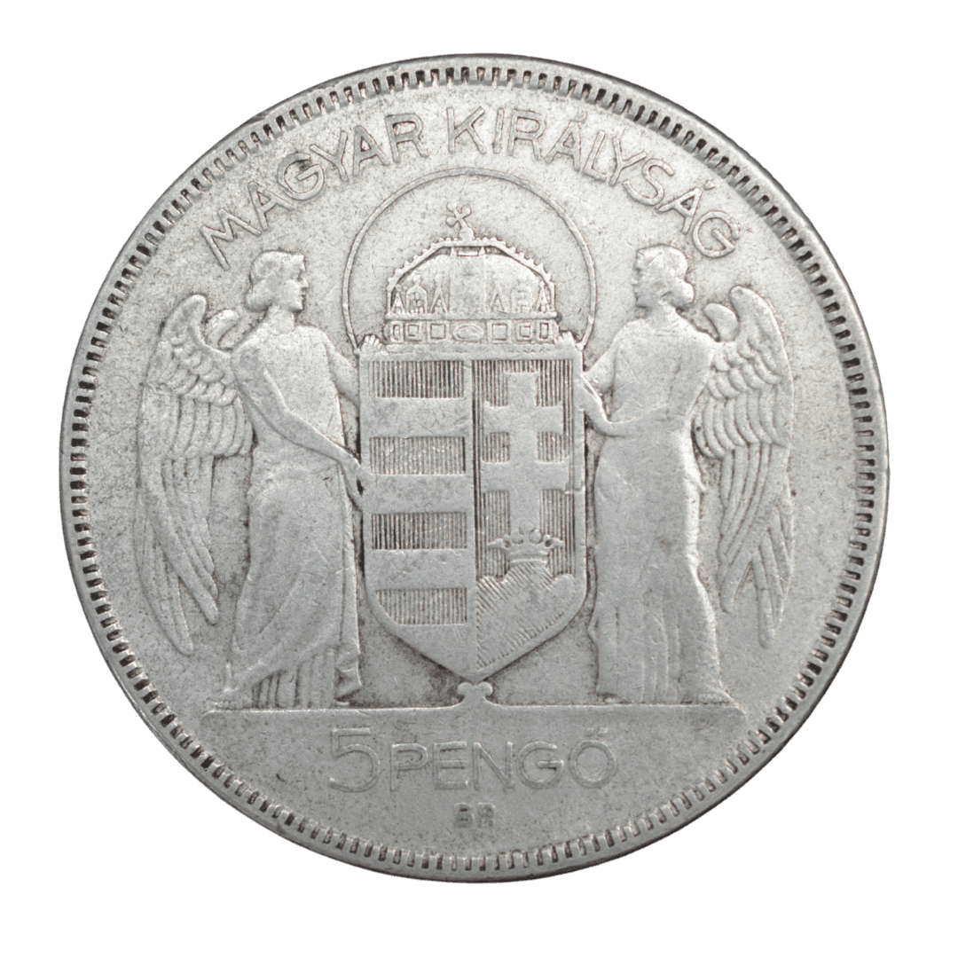 5 пенгё
Венгрия (Королевство Венгрия)
Будапешт (BP)
серебро 0.640 (VF по фото)
25 г + 16 г чистого серебра (ASW 0.514 oz)
600 000
Памятная монета к 900-летию смерти святого Стефана (первого короля Венгрии) с портретом регента Миклоша Хорти
Украина (Violity): 1200–2500 грн, Европа/eBay: 30–70 USD (VF)
1930 год, относительно редкая для серии (тираж 600 000 шт., rarity index ~32–33 по Krause/Numista)