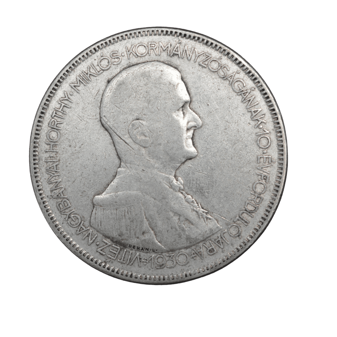 5 пенгё
Венгрия (Королевство Венгрия)
Будапешт (BP)
серебро 0.640 (VF по фото)
25 г + 16 г чистого серебра (ASW 0.514 oz)
600 000
Памятная монета к 900-летию смерти святого Стефана (первого короля Венгрии) с портретом регента Миклоша Хорти
Украина (Violity): 1200–2500 грн, Европа/eBay: 30–70 USD (VF)
1930 год, относительно редкая для серии (тираж 600 000 шт., rarity index ~32–33 по Krause/Numista) — фото 2