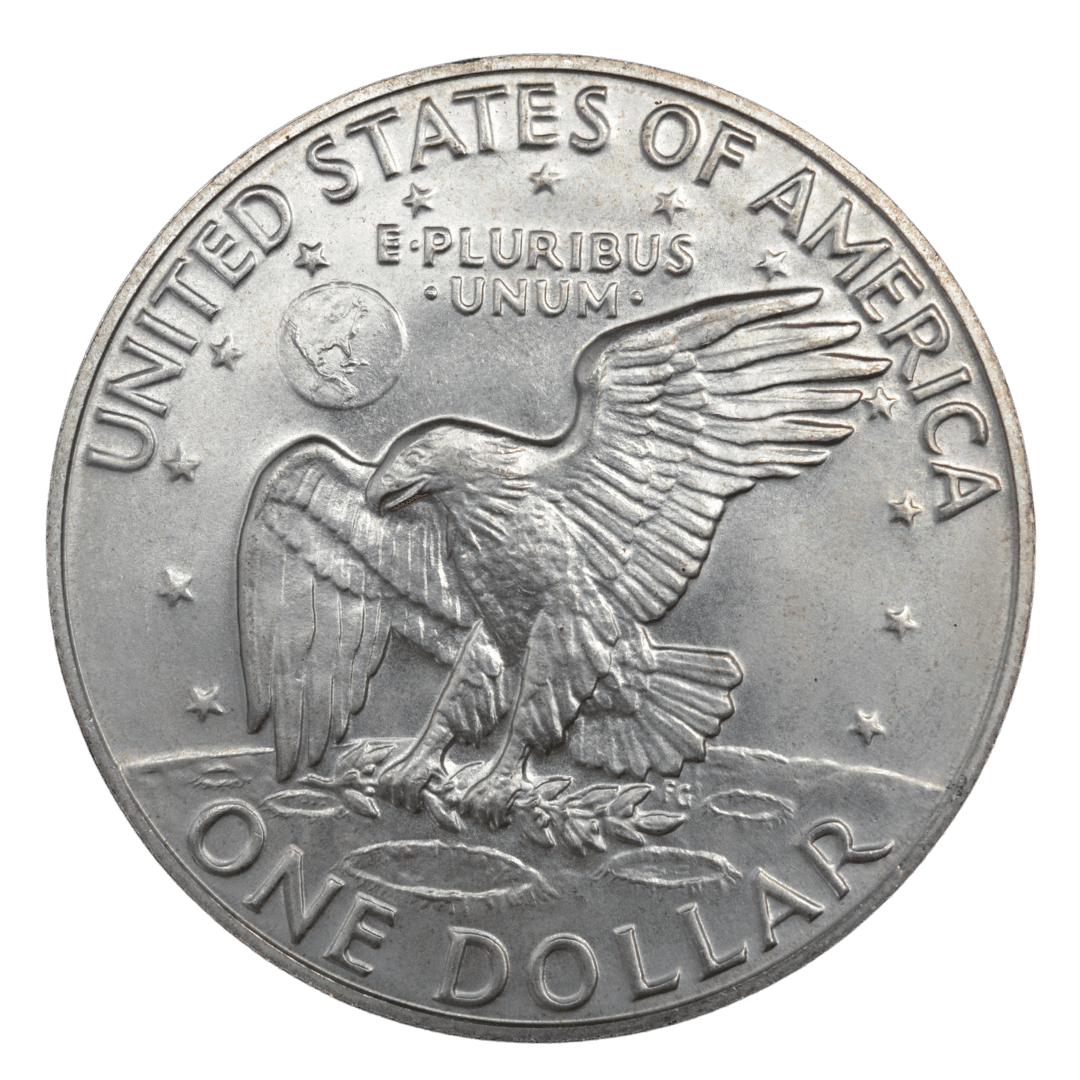 1 доллар (Eisenhower Dollar)
США
Сан-Франциско (S)
серебро 0.400 (Proof по фото)
24.59 г + 9.84 г чистого серебра (ASW 0.3161 oz)
1 013 646
Серебряная proof-версия серии Эйзенхауэра, выпущена в честь президента Дуайта Эйзенхауэра и первой высадки на Луну (Apollo 11)
1973 год, распространённая (тираж proof-версии более 1 млн шт., не редкая для серии)