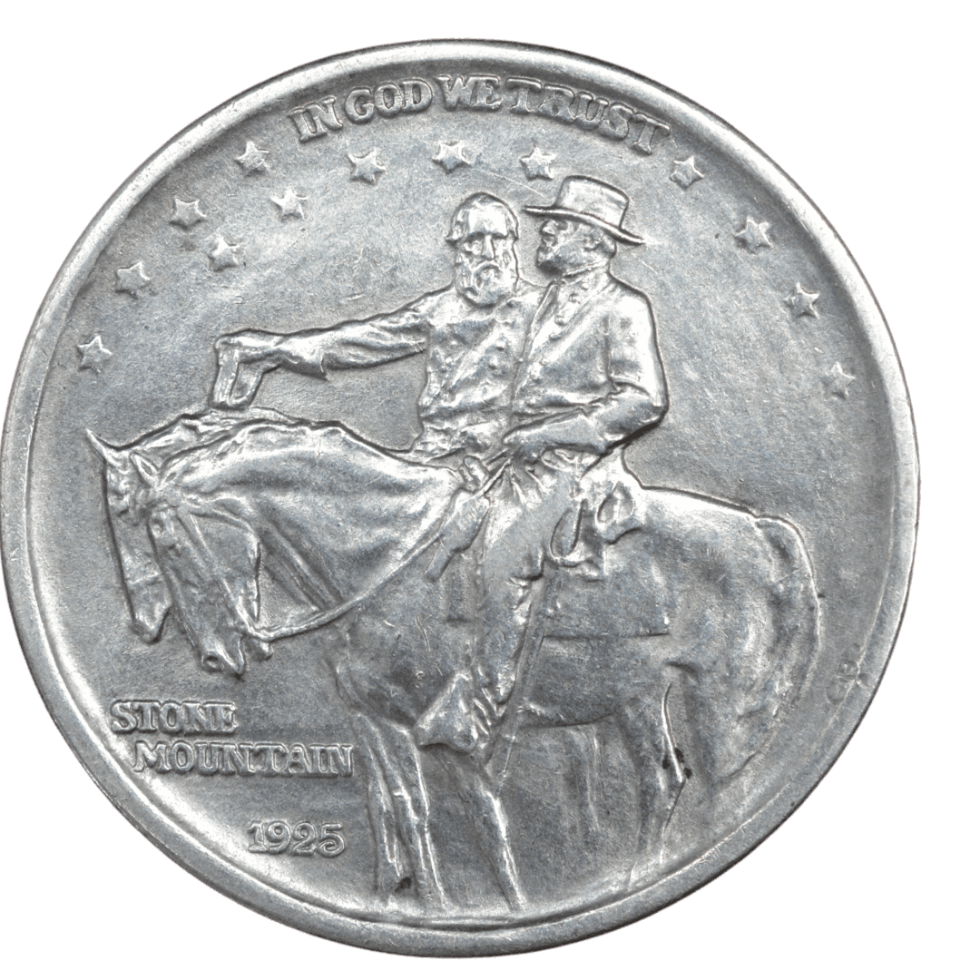 ½ доллара (Half Dollar)
США
Филадельфия (без марки)
серебро 0.900 (VF по фото)
12.5 г + 11.25 г чистого серебра (ASW 0.3617 oz)
2 314 709
Памятная монета к созданию мемориала Stone Mountain (Джорджия) в честь солдат Конфедерации с портретами генералов Роберта Э. Ли и Томаса «Стоунволла» Джексона
Украина (Violity): 1500–3500 грн, Европа/eBay: 40–100 USD (VF)
1925 год, распространённая (один из самых высоких тиражей среди ранних коммеморативных половинных долларов США) — фото 2