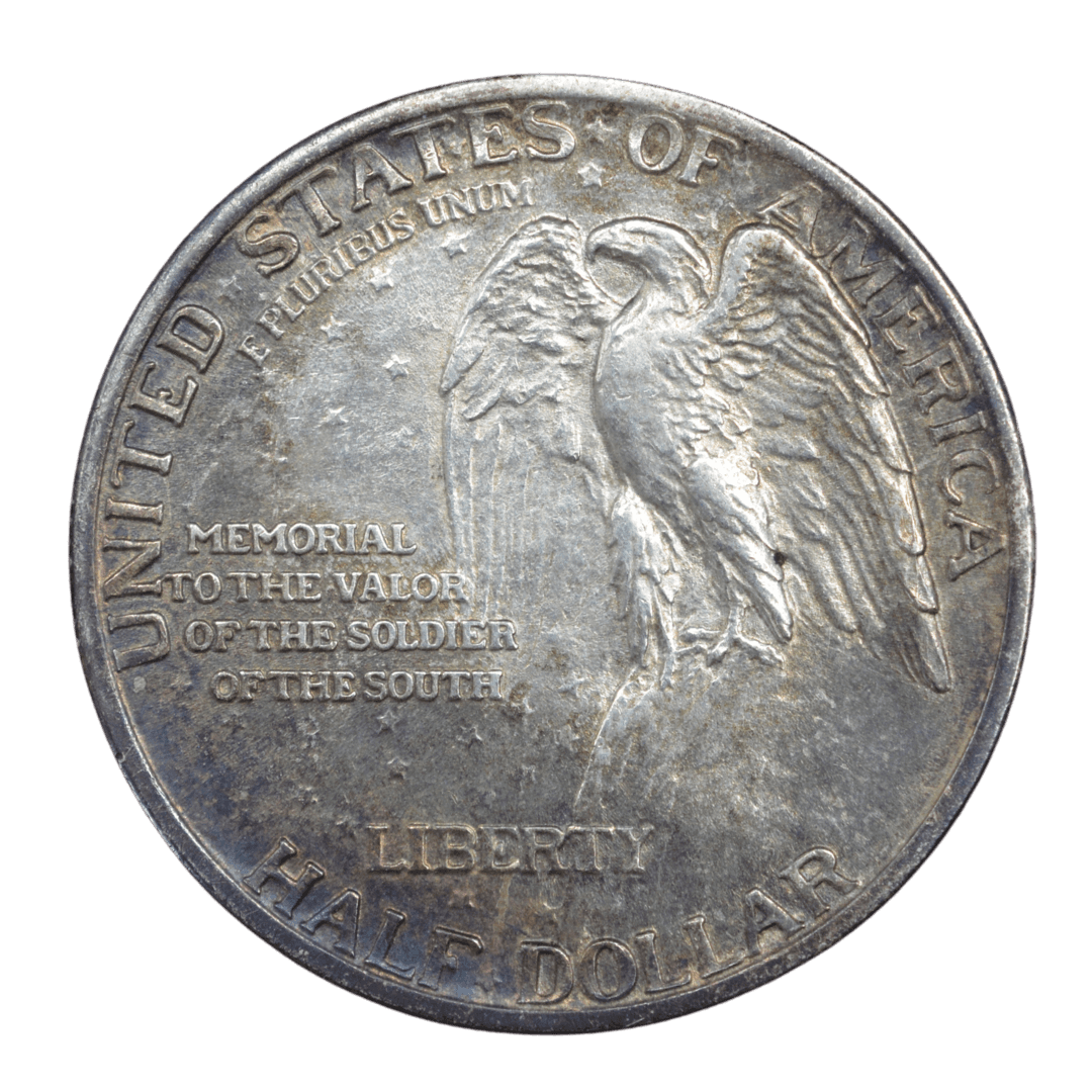½ доллара (Half Dollar)
США
Филадельфия (без марки)
серебро 0.900 (VF по фото)
12.5 г + 11.25 г чистого серебра (ASW 0.3617 oz)
2 314 709
Памятная монета к созданию мемориала Stone Mountain (Джорджия) в честь солдат Конфедерации с портретами генералов Роберта Э. Ли и Томаса «Стоунволла» Джексона
Украина (Violity): 1500–3500 грн, Европа/eBay: 40–100 USD (VF)
1925 год, распространённая (один из самых высоких тиражей среди ранних коммеморативных половинных долларов США)