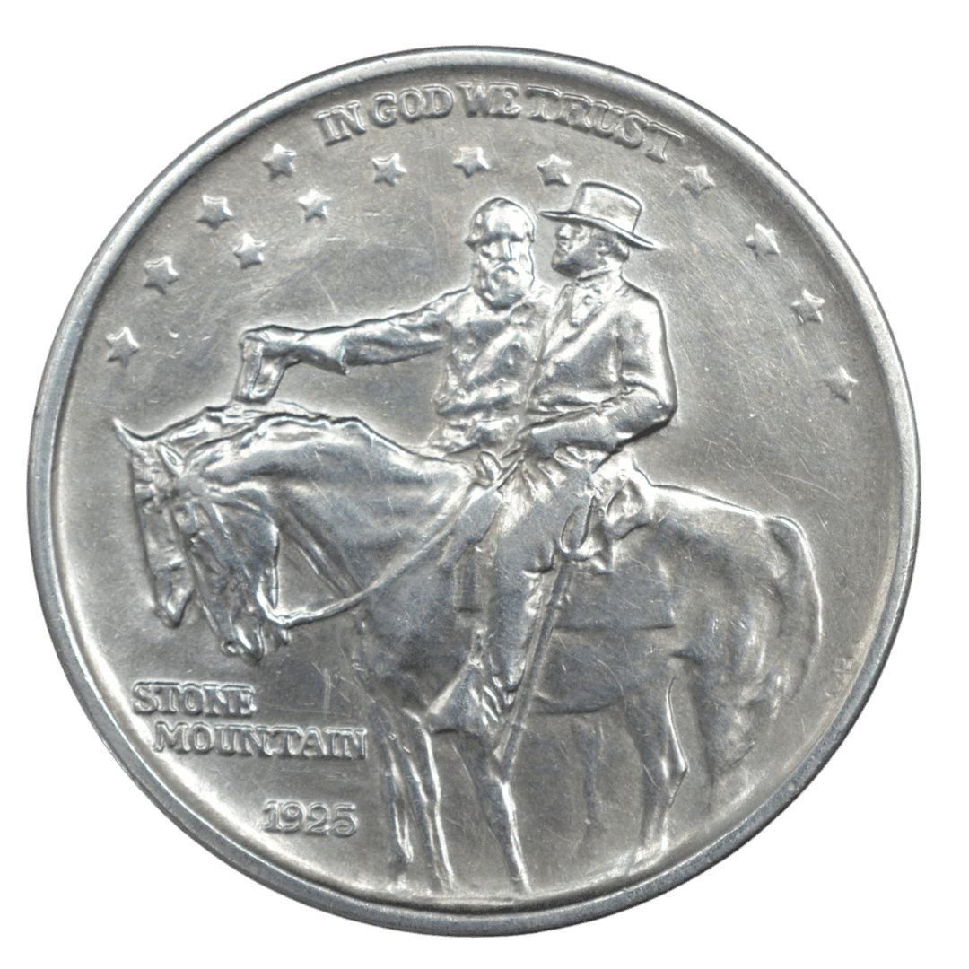 ½ доллара (Half Dollar)
США
Филадельфия (без марки)
серебро 0.900 (VF по фото)
12.5 г + 11.25 г чистого серебра (ASW 0.3617 oz)
2 314 709
Памятная монета к созданию мемориала Stone Mountain (Джорджия) в честь солдат Конфедерации с портретами генералов Роберта Э. Ли и Томаса «Стоунволла» Джексона
Украина (Violity): 1500–3500 грн, Европа/eBay: 40–100 USD (VF)
1925 год, распространённая (один из самых высоких тиражей среди ранних коммеморативных половинных долларов США) — фото 2