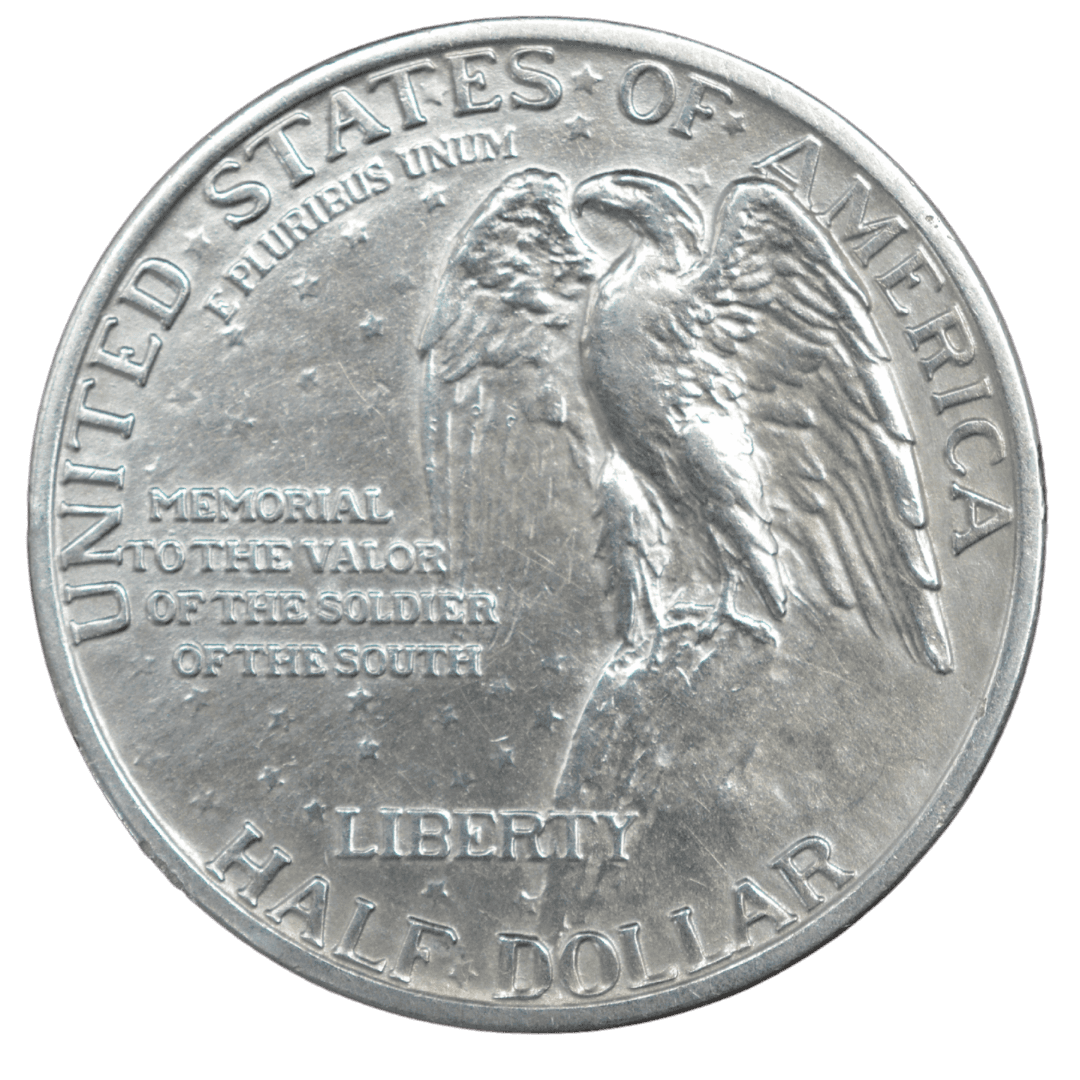 ½ доллара (Half Dollar)
США
Филадельфия (без марки)
серебро 0.900 (VF по фото)
12.5 г + 11.25 г чистого серебра (ASW 0.3617 oz)
2 314 709
Памятная монета к созданию мемориала Stone Mountain (Джорджия) в честь солдат Конфедерации с портретами генералов Роберта Э. Ли и Томаса «Стоунволла» Джексона
Украина (Violity): 1500–3500 грн, Европа/eBay: 40–100 USD (VF)
1925 год, распространённая (один из самых высоких тиражей среди ранних коммеморативных половинных долларов США)