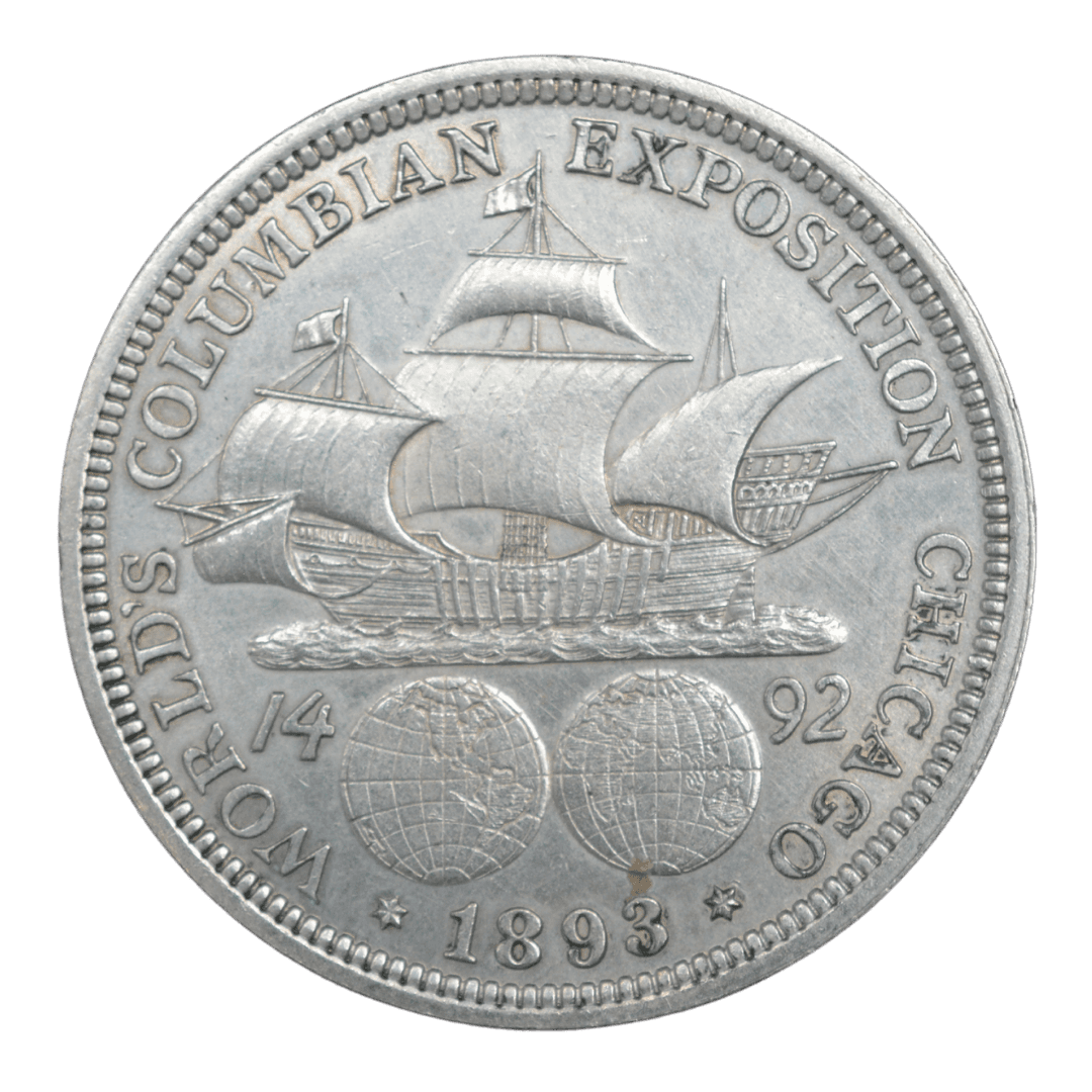 ½ доллара (Columbian Half Dollar)
США
Филадельфия (без марки)
серебро 0.900 (VF по фото)
12.5 г + 11.25 г чистого серебра (ASW 0.3617 oz)
1 550 405
Первая коммеморативная полудолларовая монета США, выпущена к 400-летию открытия Америки Колумбом и Всемирной выставке в Чикаго 1893 года
Украина (Violity): 1500–3500 грн, Европа/eBay: 35–90 USD (VF)
1893 год, очень распространённая (один из самых массовых тиражей среди ранних американских коммеморативов, не редкая)