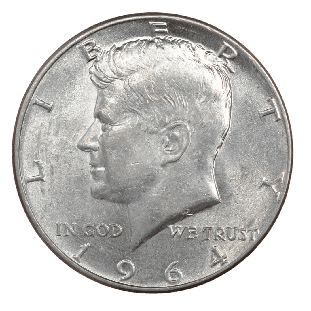 ½ доллара (Kennedy Half Dollar)
США
Филадельфия (без марки)
серебро 0.900 (VF-XF по фото)
12.5 г + 11.25 г чистого серебра (ASW 0.3617 oz)
273 304 004
Первая в истории монета с портретом Джона Кеннеди, выпущена через несколько месяцев после его убийства; последний год 90%-го серебра в серии Kennedy Half Dollar
Украина (Violity): 600–1500 грн, Европа/eBay: 12–35 USD (VF-XF)
1964 год, очень распространённая (один из самых массовых тиражей за всю историю США, не редкая) — фото 2