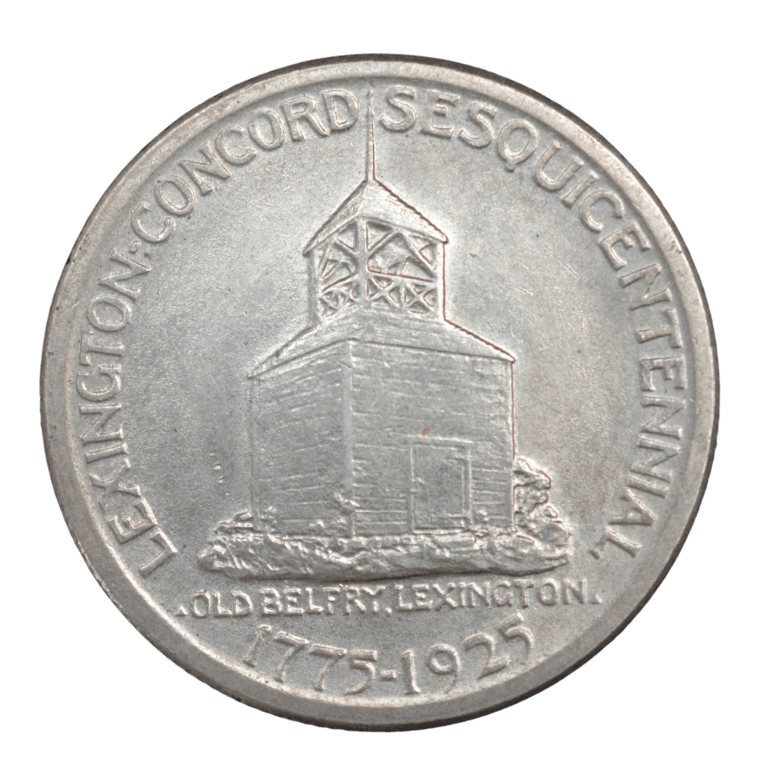 ½ доллара (Lexington-Concord Sesquicentennial Half Dollar)
США
Филадельфия (без марки)
серебро 0.900 (VF по фото)
12.5 г + 11.25 г чистого серебра (ASW 0.3617 oz)
162 099
Памятная монета к 150-летию начала Американской революции — сражений при Лексингтоне и Конкорде (1775–1925); на аверсе — Конкордский минитмен, на реверсе — колокольня в Лексингтоне
Украина (Violity): 2200–4800 грн, Европа/eBay: 60–140 USD (VF)
1925 год, относительно редкая (низкий тираж среди ранних коммеморативов США, rarity index ~34 по Red Book/Krause) — фото 2