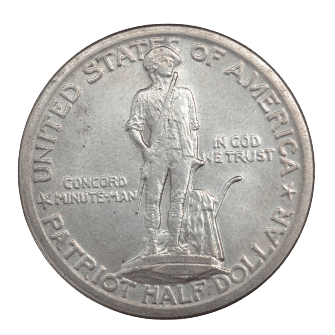 ½ доллара (Lexington-Concord Sesquicentennial Half Dollar)
США
Филадельфия (без марки)
серебро 0.900 (VF по фото)
12.5 г + 11.25 г чистого серебра (ASW 0.3617 oz)
162 099
Памятная монета к 150-летию начала Американской революции — сражений при Лексингтоне и Конкорде (1775–1925); на аверсе — Конкордский минитмен, на реверсе — колокольня в Лексингтоне
Украина (Violity): 2200–4800 грн, Европа/eBay: 60–140 USD (VF)
1925 год, относительно редкая (низкий тираж среди ранних коммеморативов США, rarity index ~34 по Red Book/Krause)