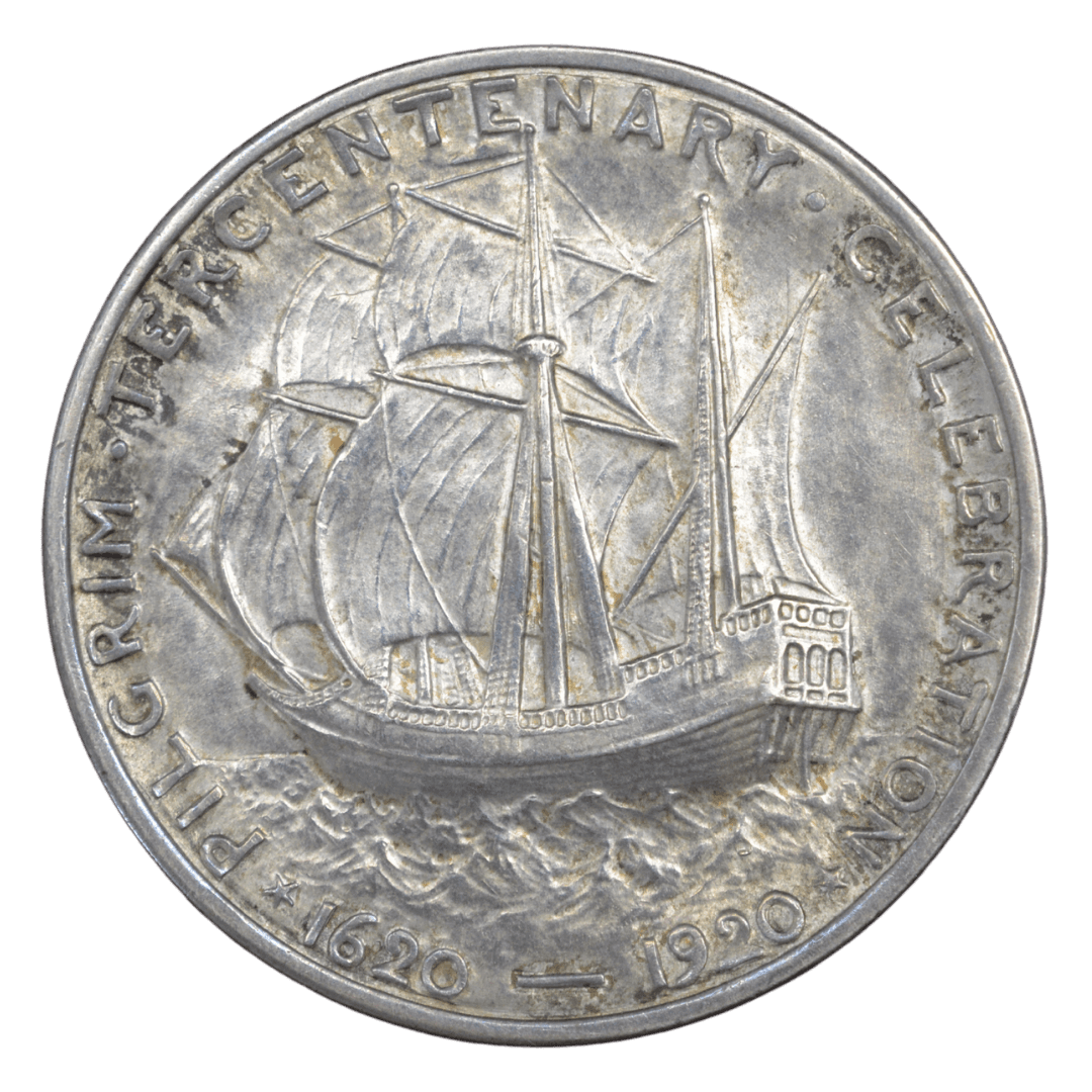½ доллара (Pilgrim Tercentenary Half Dollar)
США
Филадельфия (без марки)
серебро 0.900 (VF по фото)
12.5 г + 11.25 г чистого серебра (ASW 0.3617 oz)
152 112
Памятная монета к 300-летию высадки пилигримов на «Мэйфлауэр» (1620–1920); первая коммеморативная полудолларовая монета США с изображением корабля на реверсе и Уильяма Брэдфорда на аверсе
Украина (Violity): 2500–5500 грн, Европа/eBay: 60–150 USD (VF)
1920 год, относительно распространённая для ранних коммеморативов США (высокий тираж, rarity index ~23 по Numista / Red Book)