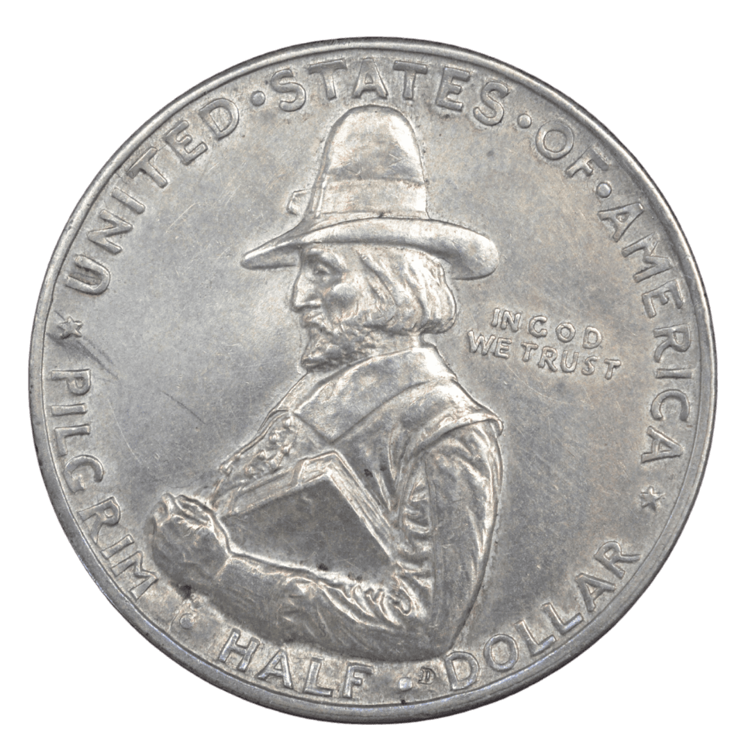 ½ доллара (Pilgrim Tercentenary Half Dollar)
США
Филадельфия (без марки)
серебро 0.900 (VF по фото)
12.5 г + 11.25 г чистого серебра (ASW 0.3617 oz)
152 112
Памятная монета к 300-летию высадки пилигримов на «Мэйфлауэр» (1620–1920); первая коммеморативная полудолларовая монета США с изображением корабля на реверсе и Уильяма Брэдфорда на аверсе
Украина (Violity): 2500–5500 грн, Европа/eBay: 60–150 USD (VF)
1920 год, относительно распространённая для ранних коммеморативов США (высокий тираж, rarity index ~23 по Numista / Red Book) — фото 2