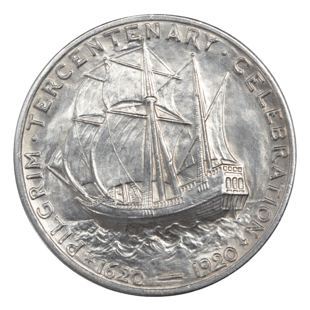 ½ доллара (Pilgrim Tercentenary Half Dollar)
США
Филадельфия (без марки)
серебро 0.900 (VF по фото)
12.5 г + 11.25 г чистого серебра (ASW 0.3617 oz)
152 112
Памятная монета к 300-летию высадки пилигримов на «Мэйфлауэр» (1620–1920); первая коммеморативная полудолларовая монета США с изображением корабля на реверсе и Уильяма Брэдфорда на аверсе
Украина (Violity): 2500–5500 грн, Европа/eBay: 60–150 USD (VF)
1920 год, относительно распространённая для ранних коммеморативов США (высокий тираж, rarity index ~23 по Numista / Red Book)