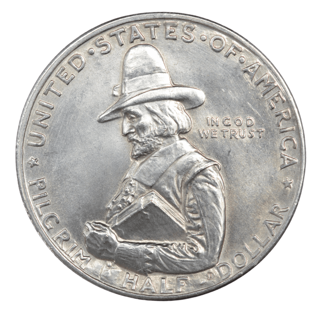 ½ доллара (Pilgrim Tercentenary Half Dollar)
США
Филадельфия (без марки)
серебро 0.900 (VF по фото)
12.5 г + 11.25 г чистого серебра (ASW 0.3617 oz)
152 112
Памятная монета к 300-летию высадки пилигримов на «Мэйфлауэр» (1620–1920); первая коммеморативная полудолларовая монета США с изображением корабля на реверсе и Уильяма Брэдфорда на аверсе
Украина (Violity): 2500–5500 грн, Европа/eBay: 60–150 USD (VF)
1920 год, относительно распространённая для ранних коммеморативов США (высокий тираж, rarity index ~23 по Numista / Red Book) — фото 2