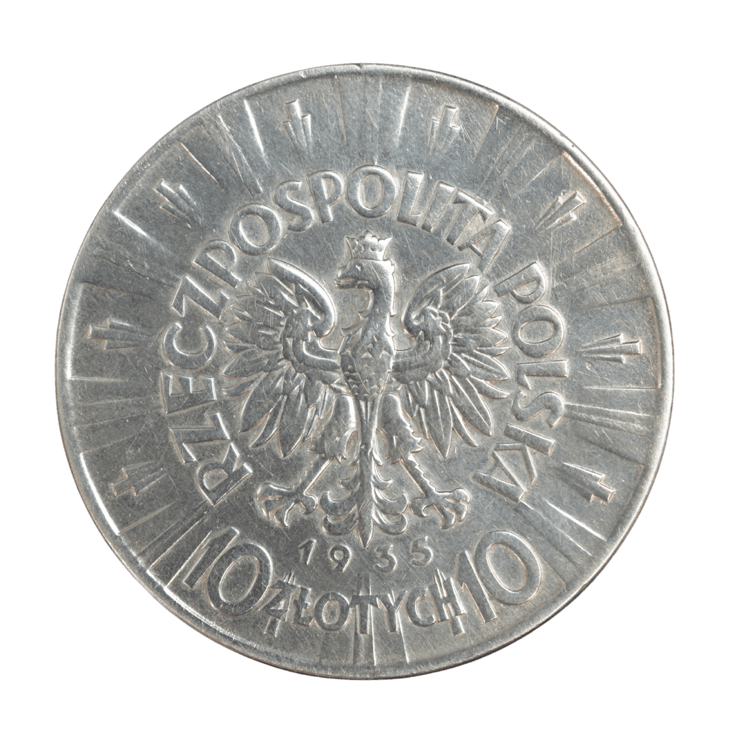 10 złotych
Польша (Вторая Речь Посполитая)
Варшава (без марки)
серебро 0.750 (VF по фото)
22 г + 16.5 г чистого серебра (ASW 0.5306 oz)
1 670 000
Стандартная циркуляционная монета с портретом маршала Юзефа Пилсудского — одного из главных символов независимости межвоенной Польши
Украина (Violity): 1200–2800 грн, Европа/eBay: 25–70 USD (VF)
1935 год, очень распространённая (высокий тираж, Numista rarity index 10 — обычная монета)