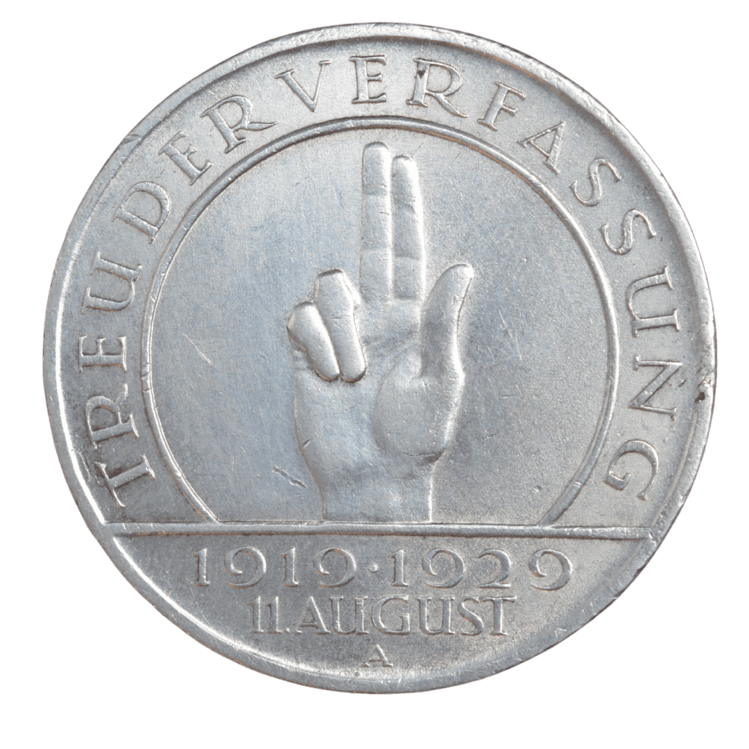 3 рейхсмарки
Германия (Веймарская республика / Deutsches Reich)
Берлин (A)
серебро 0.500 (VF по фото)
15 г + 7.5 г чистого серебра (ASW 0.2411 oz)
1 000 000
Памятная монета к 10-летию принятия Веймарской конституции (11 августа 1919–1929); на аверсе — жест присяги тремя пальцами
Украина (Violity): 1800–4000 грн, Европа/eBay: 40–100 USD (VF)
1929 год, распространённая (высокий тираж, Numista rarity index 11 — обычная монета)
