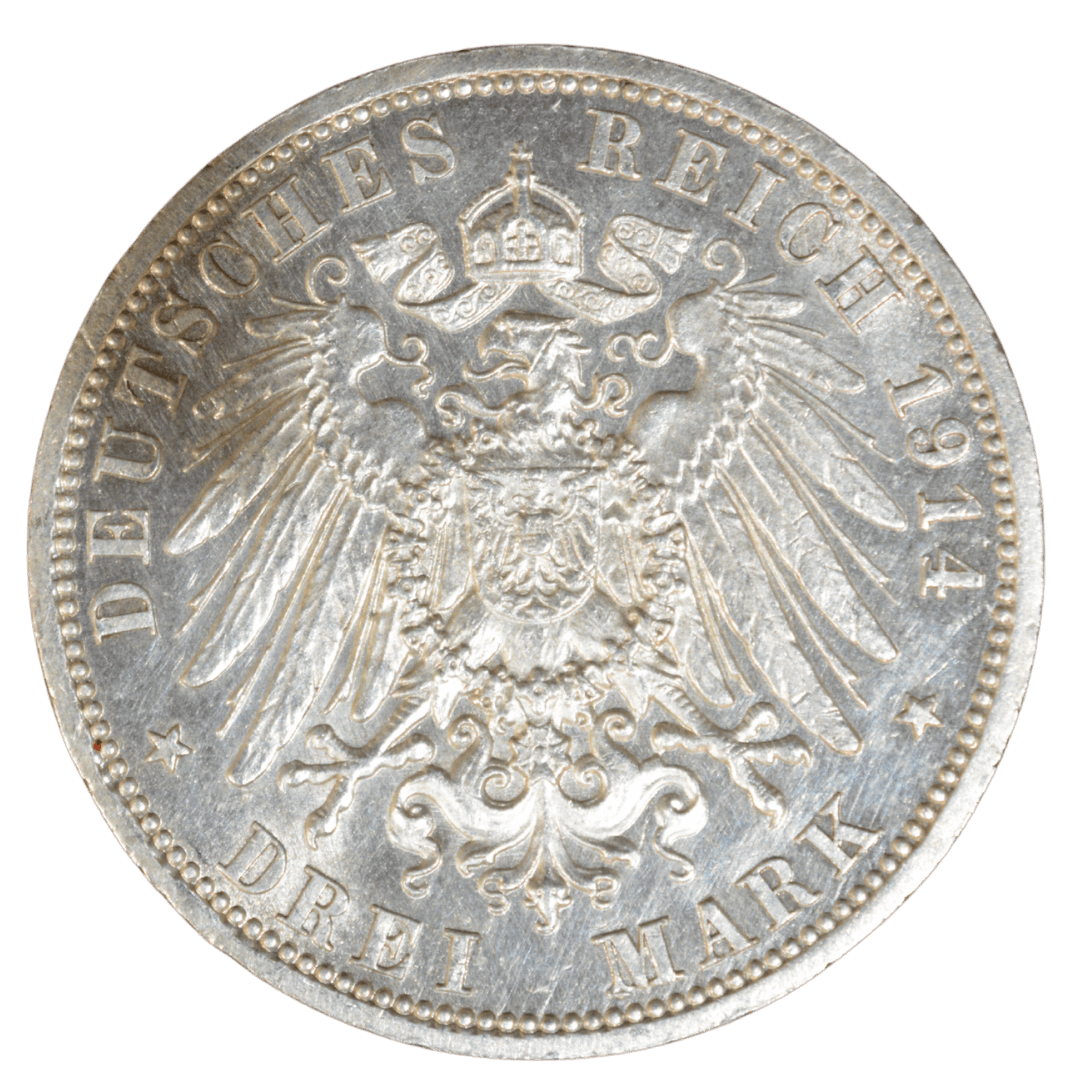 1. 3 Марки (3 Mark)
2. Німецька імперія (Deutsches Reich), Королівство Пруссія
3. Берлін (мінт-марка A)
4. срібло 0.900
5. 16,667 г (чистого срібла 15,00 г / 0,482 унції)
6. Тираж 5 860 000 шт. (приблизно)
7. Срібна монета імператора Вільгельма II. На аверсі — портрет Вільгельма II у військовому мундирі з високим коміром та еполетами (гравер A. Noss). На реверсі — коронований імперський орел з написом «DEUTSCHES REICH 1914» та «DREI MARK». Стандартна обігова монета Німецької імперії останнього періоду. — фото 2