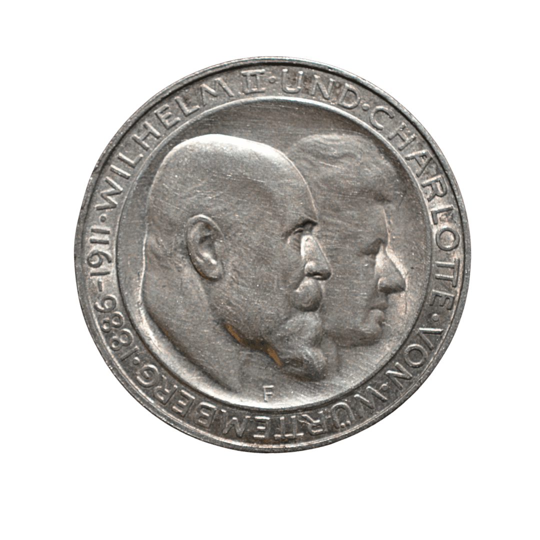 1. 3 Марки (3 Mark) — пам'ятна
2. Німецька імперія, Королівство Вюртемберг
3. Штутгарт (мінт-марка F)
4. срібло 0.900
5. 16,667 г (чистого срібла 15,00 г / 0,482 унції)
6. Тираж 200 000 шт.
7. Пам'ятна монета до срібного весілля (25-річчя шлюбу) короля Вільгельма II Вюртемберзького та королеви Шарлотти. На аверсі — коронований імперський орел. На реверсі — спарені портрети подружжя з написом «WILHELM II•UND•CHARLOTTE•VON WUERTTEMBERG•1865-1911». Одна з найгарніших і найпопулярніших пам'ятних монет Вюртемберга. — фото 2