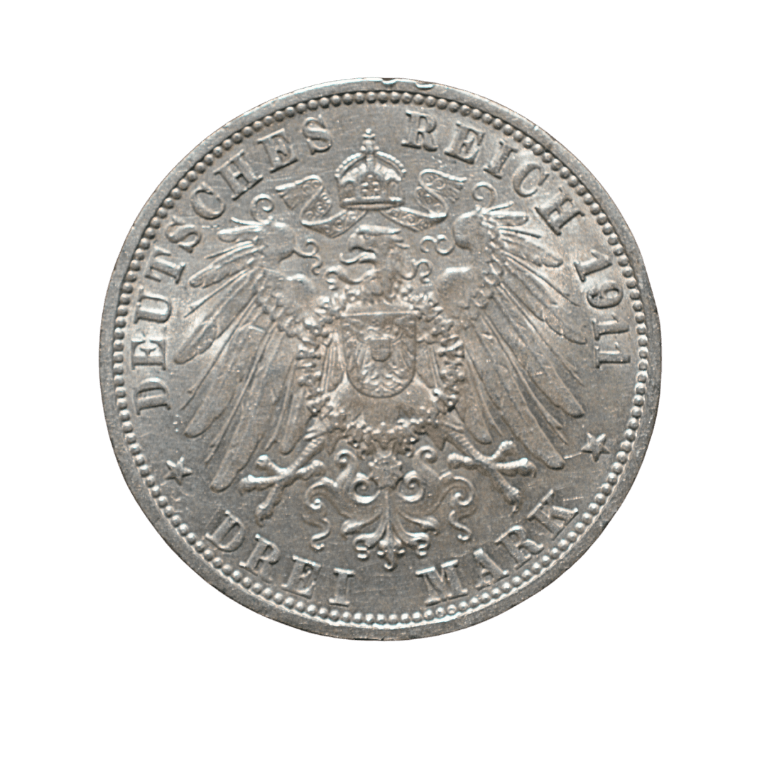 1. 3 Марки (3 Mark) — пам'ятна
2. Німецька імперія, Королівство Вюртемберг
3. Штутгарт (мінт-марка F)
4. срібло 0.900
5. 16,667 г (чистого срібла 15,00 г / 0,482 унції)
6. Тираж 200 000 шт.
7. Пам'ятна монета до срібного весілля (25-річчя шлюбу) короля Вільгельма II Вюртемберзького та королеви Шарлотти. На аверсі — коронований імперський орел. На реверсі — спарені портрети подружжя з написом «WILHELM II•UND•CHARLOTTE•VON WUERTTEMBERG•1865-1911». Одна з найгарніших і найпопулярніших пам'ятних монет Вюртемберга.