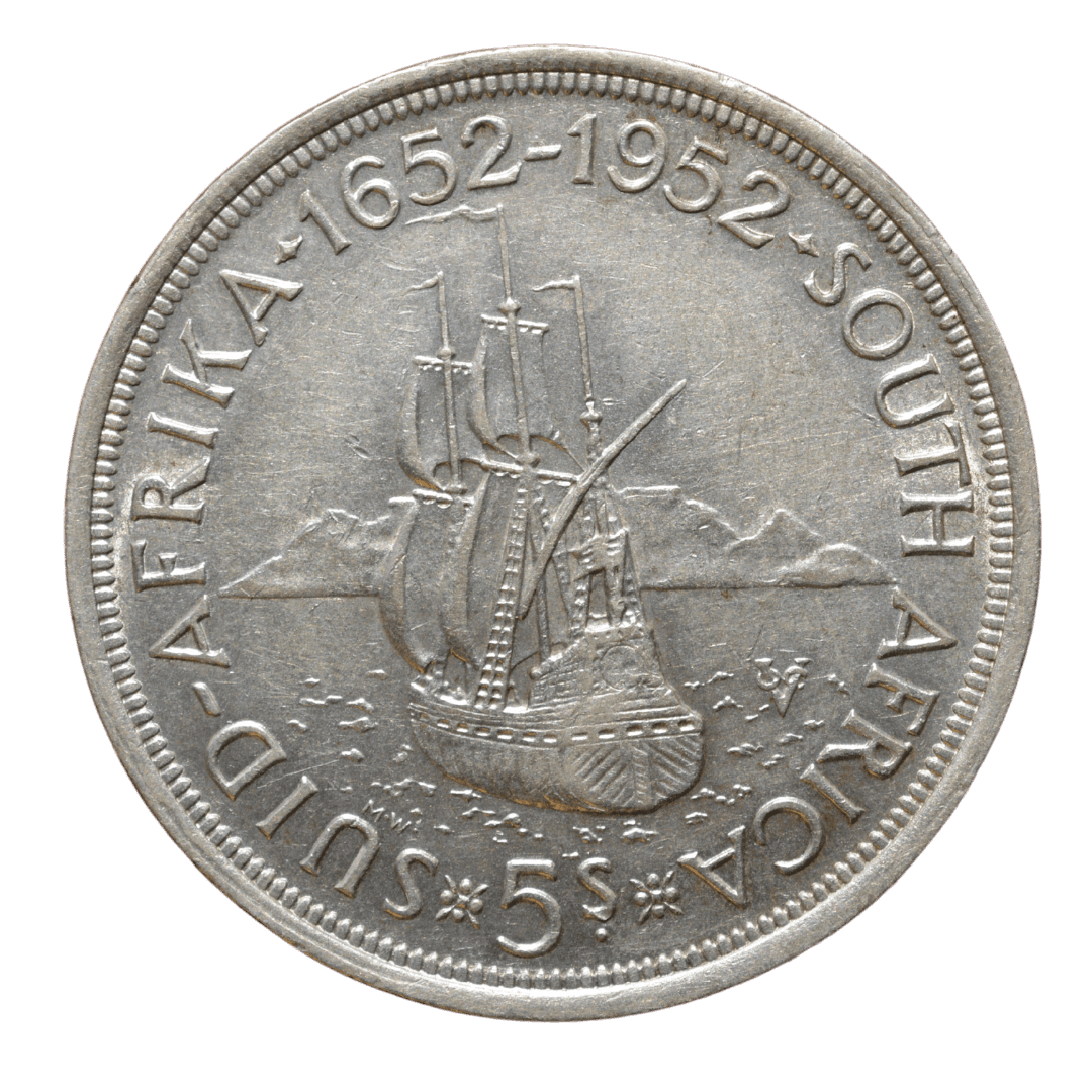 1. 5 Шилінгів (5 Shillings)
2. Південно-Африканський Союз (Union of South Africa)
3. Преторія (South African Mint)
4. Серебро 0.500
5. 28,28 г (чистого срібла 14,14 г)
6. Тираж 138 000 шт.
7. Пам'ятна срібна монета, випущена до 300-річчя заснування Кейптауна (прибуття Яна ван Рібека в 1652 році). На аверсі — портрет короля Георга VI. На реверсі — зображення корабля «Dromedaris» і напис «SOUTH AFRICA • SUID-AFRIKA 1652-1952».
8. 1952 рік
9. Середня рідкість (R2) за каталогами Krause та південноафриканськими довідниками — фото 2