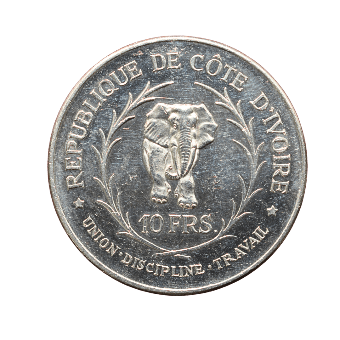 1. 10 Франків (10 Francs)
2. Республіка Кот-д'Івуар
3. Париж (Paris Mint)
4. Серебро 0.835
5. 25,00 г (чистого срібла 20,875 г)
6. Тираж обмежений
7. Срібна монета з портретом першого президента Фелікса Уфуе-Буаньї. На аверсі — слон на тлі гілок з девізом «UNION • DISCIPLINE • TRAVAIL» та номіналом «10 FRS.». На реверсі — портрет президента.
8. 1966 рік
9. Середня рідкість (R2) за каталогами Krause