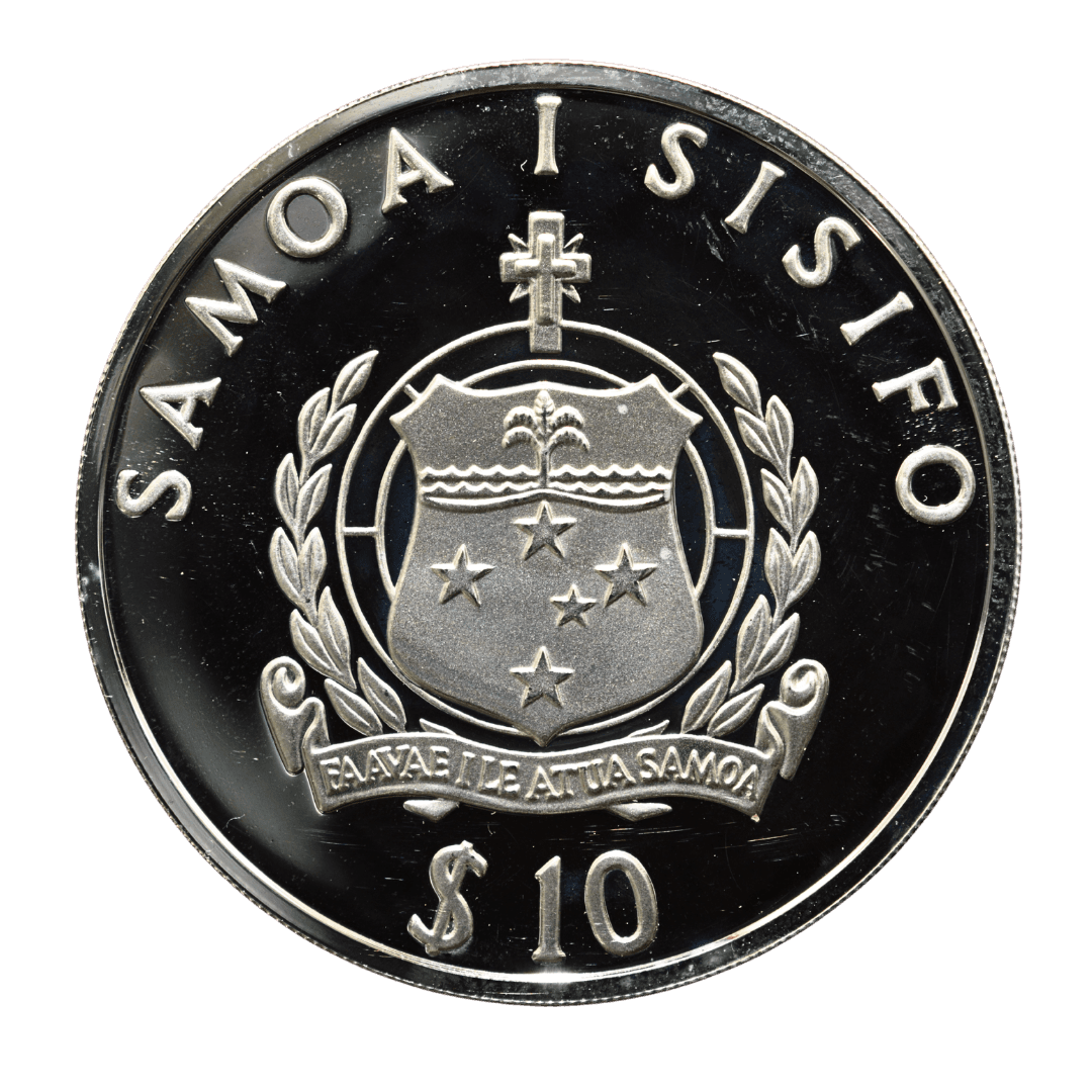 1. 10 Доларів ($10)
2. Незалежна держава Самоа (Independent State of Samoa)
3. Royal Mint (Велика Британія)
4. Серебро 0.925 (Proof)
5. 31,47 г (чистого срібла ≈ 29,10 г)
6. Тираж обмежений (Proof)
7. Пам'ятна срібна монета, випущена до 40-річчя правління королеви Єлизавети II (1952–1992). На аверсі — герб Самоа з девізом «SAMOA I SISIFO» та «FA'AVAE I LE ATUA SAMOA». На реверсі — королівський кортеж з каретою та напис «FORTIETH ANNIVERSARY OF REIGN H.M. QUEEN ELIZABETH II 1952-1992».
8. 1992 рік
9. Середня рідкість (R2) за каталогами Krause