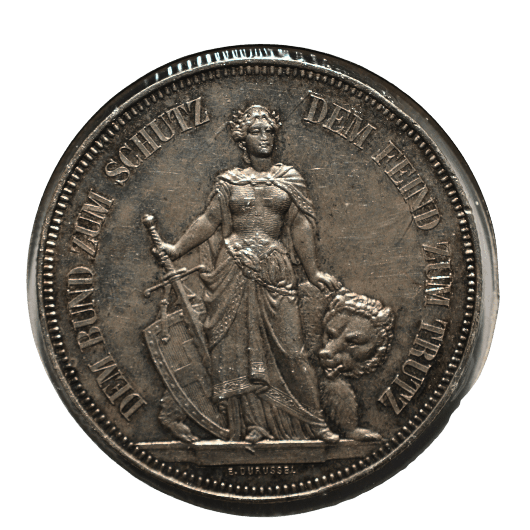 — Страна: Швейцария (Swiss Confederation)
— Номинал: 5 Franken / 5 Francs
— Год: 1885
— Правитель: — (нет, конфедерация)
— Материал: Серебро 835/1000 (0.835)
— Вес: 25.00 г
— Диаметр: 37 мм
— Монетный двор: B = Bern, стандартный для этого выпуска
— Тираж: 25 000 шт.
На что обратить внимание: Памятная монета к Федеральному стрелковому фестивалю в Берне (Eidgenössisches Schützenfest in Bern). Аверс — Гельвеция с мечом, щитом и львом ("DEM FREUND ZUM SCHUTZ DEM FEIND ZUM TRUTZ"). Реверс — герб с перекрещенными ружьями и надписью. Разновидности по качеству чеканки. Частые подделки — литые или с заниженным весом; обязательно взвесьте и проверьте рельеф. Цена сильно зависит от сохранности (VF/XF — 150–350 USD, AU/MS — 400–900+ USD). Подтверждено Numista, KM#S17 / Divo S17.